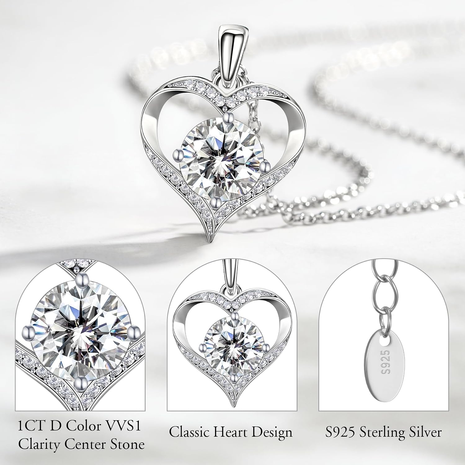 NORBU Moissanite Necklace for Women, 1 CT D Color VVS1 Clarity Round Cut, 925 Sterling Silver Heart Necklace with 18K White Gold Plated, Jewelry Gift for Wedding Anniversary Birthday Christmas Valentine's Day