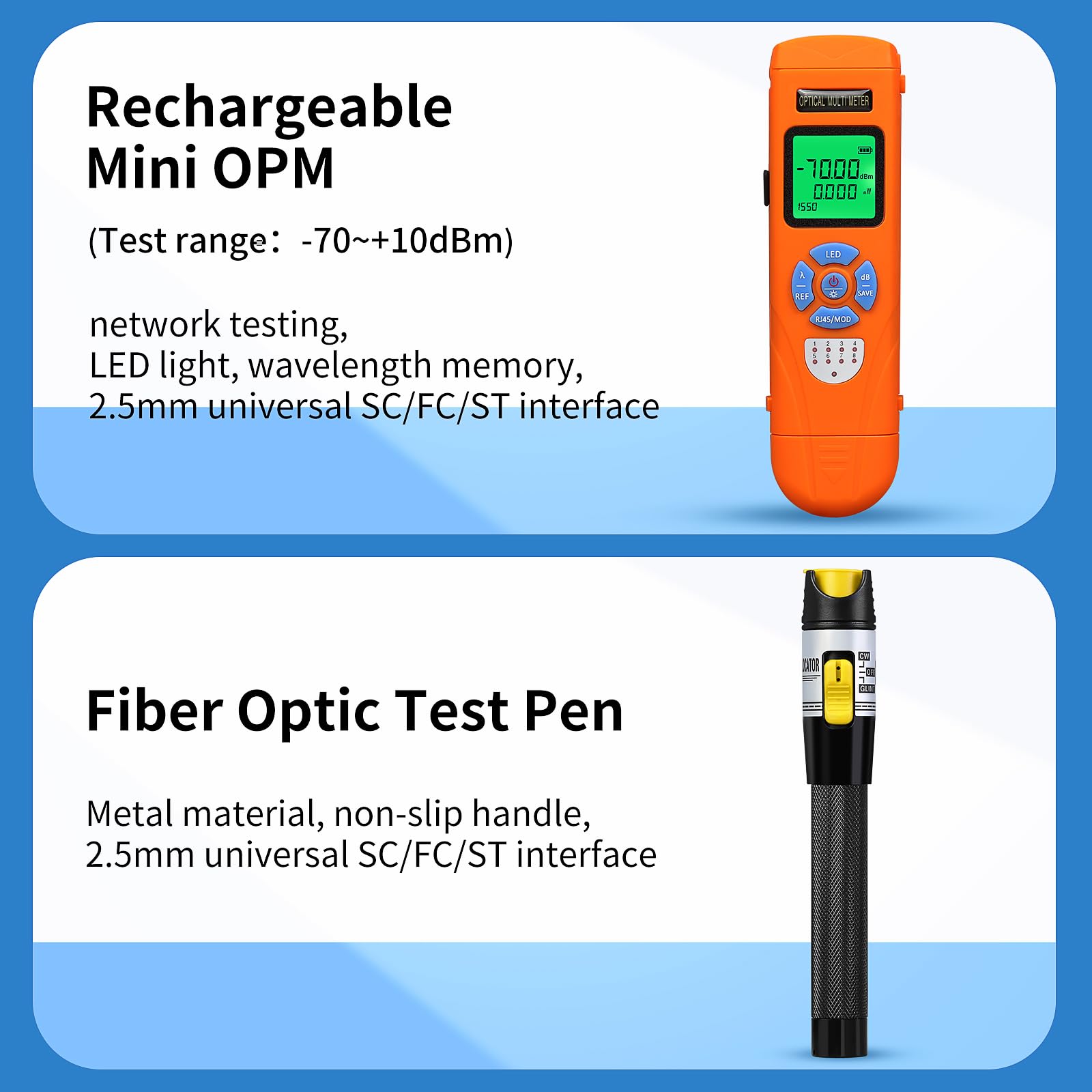 Glasfaser-Abschluss-Werkzeug-Set, 11-in-1, wiederaufladbar, optischer Leistungsmesser L-C7 (-70 - +10 dBm) & VFL, Faserbeil X5 und Abisolierzange, FTTH Heißschmelz-/Kaltverbindungswerkzeug-Set