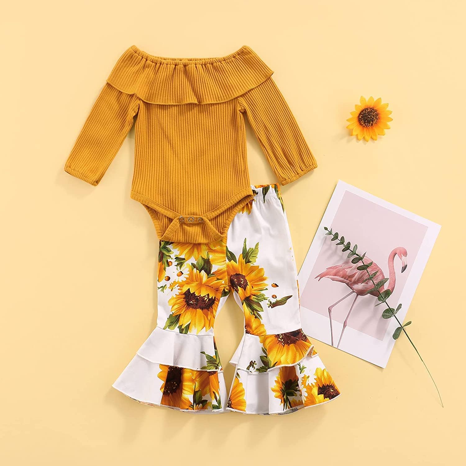 Miniatura 4 de Conjunto de 2 piezas de ropa para bebé recién nacido, con volantes y hombros descubiertos, parte superior + pantalones acampanados, pantalones