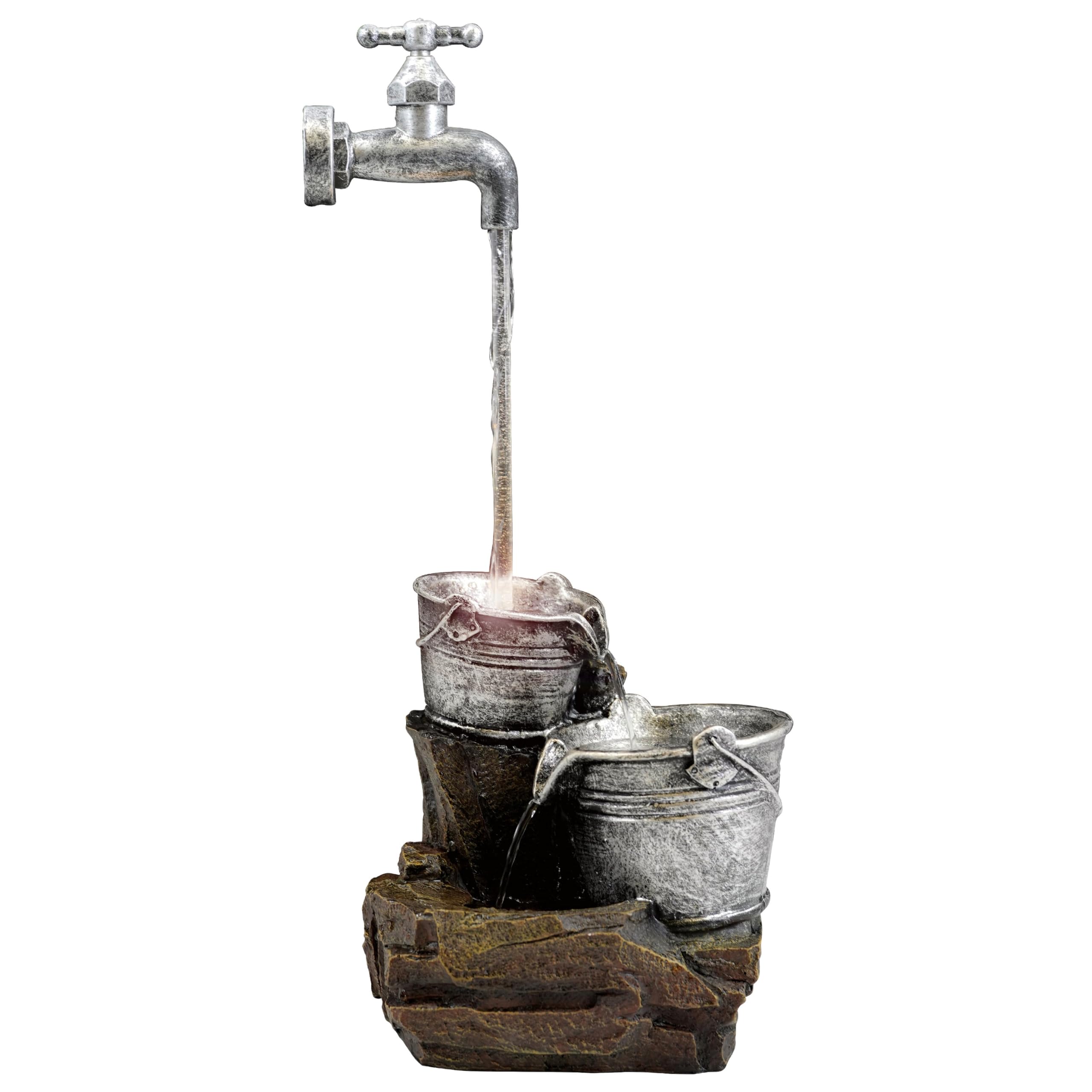 GEEZY Garden Water Feature – Tap Fountain with LED Lights – Mains Powered, Self-Contained, Indoor & Outdoor – Easy Setup, Relaxing & Cascading – Great for Garden, Home, Patio & Balcony Decor