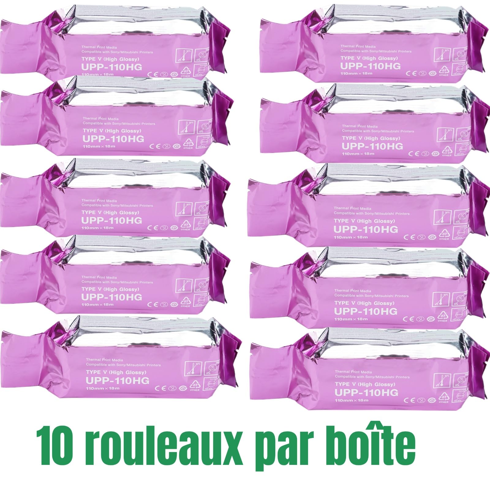 10 rouleaux (110 mm x 18 m) de papier à ultrasons UPP-110HG, film à ultrasons haute brillance, support d'impression thermique pour imprimantes noir et blanc, compatible Sony