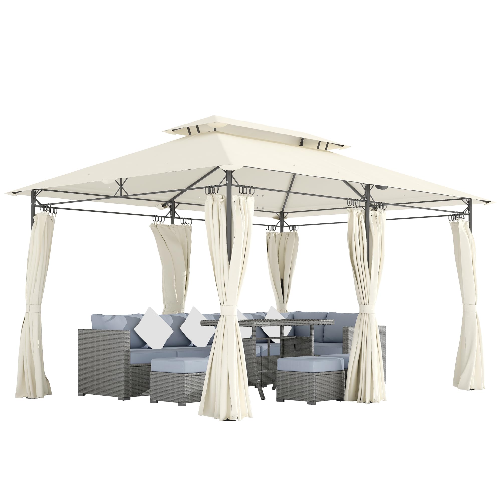 Outsunny 4m Gazebo - White Metal Garden Shelter with Double Roof and Curtains