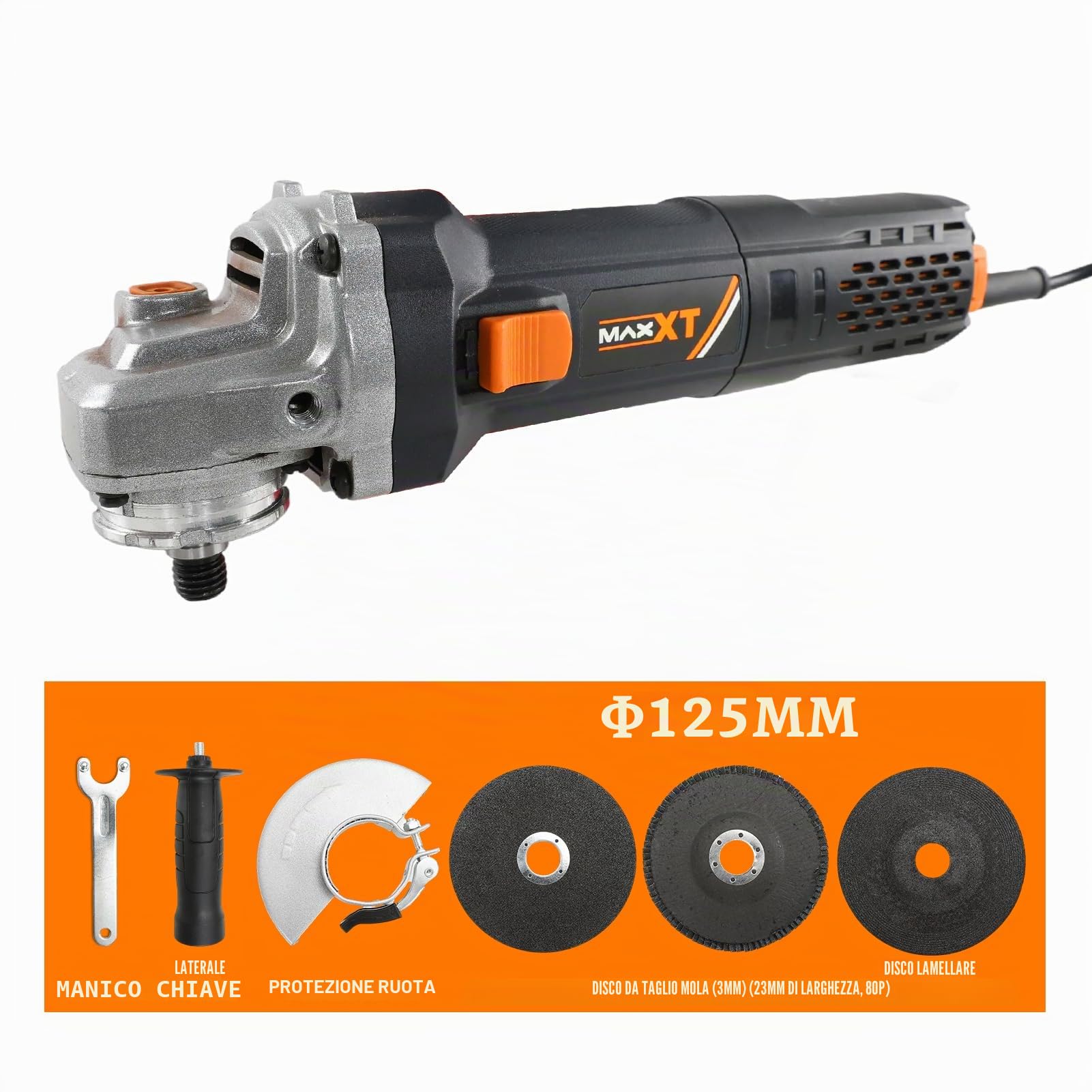 MAXXT Smerigliatrice angolare 125 mm | 1700W con Avvio graduale & Protezione sovraccarico – 12.000 giri/min per taglio, smerigliatura e lucidatura di precisione