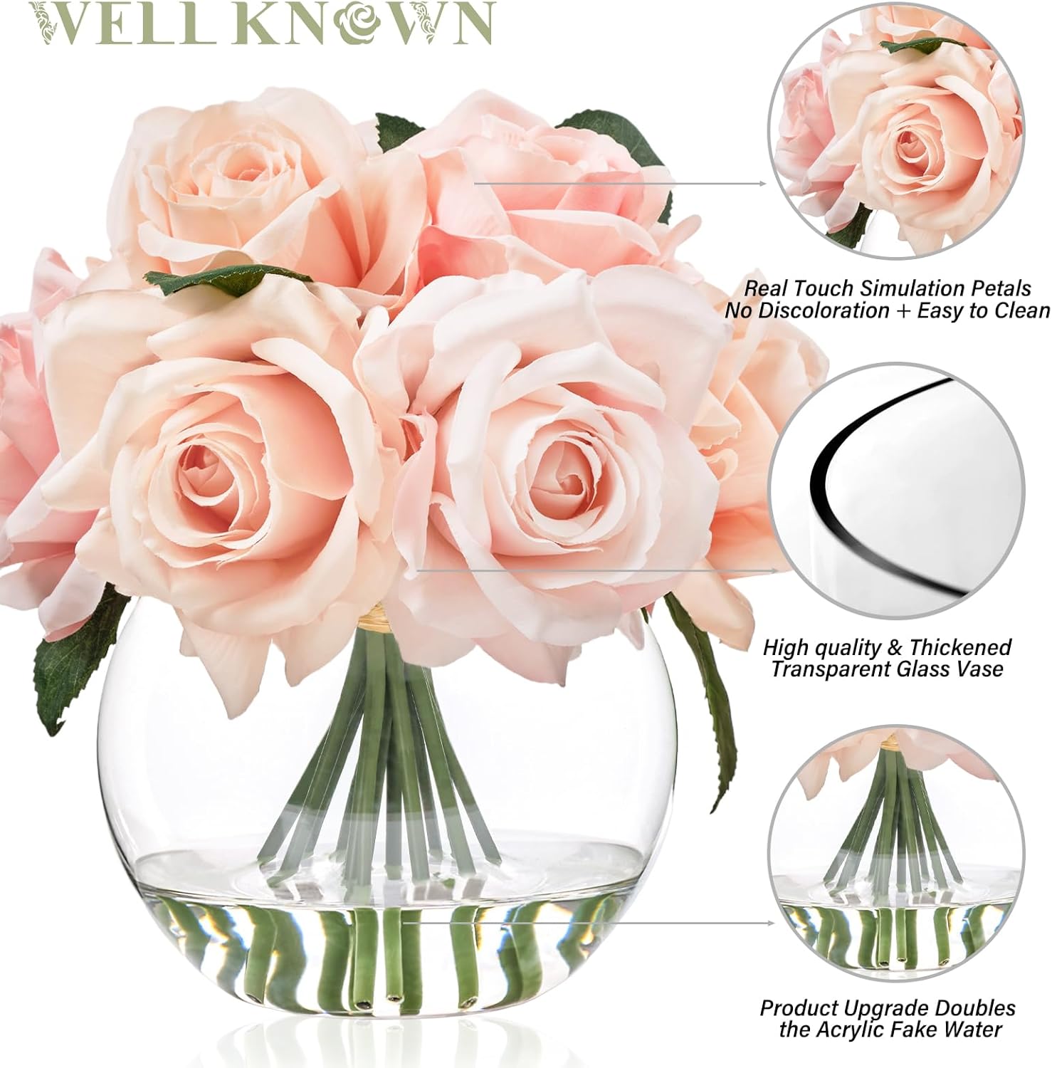 WELL KNOWN Artificial Flowers with Vase, Silk Rose Artificial Flowers Table Centerpieces with Faux Water for Home Decoration Fake Roses Flower Arrangements for Table Decor (Pink) - Image 5