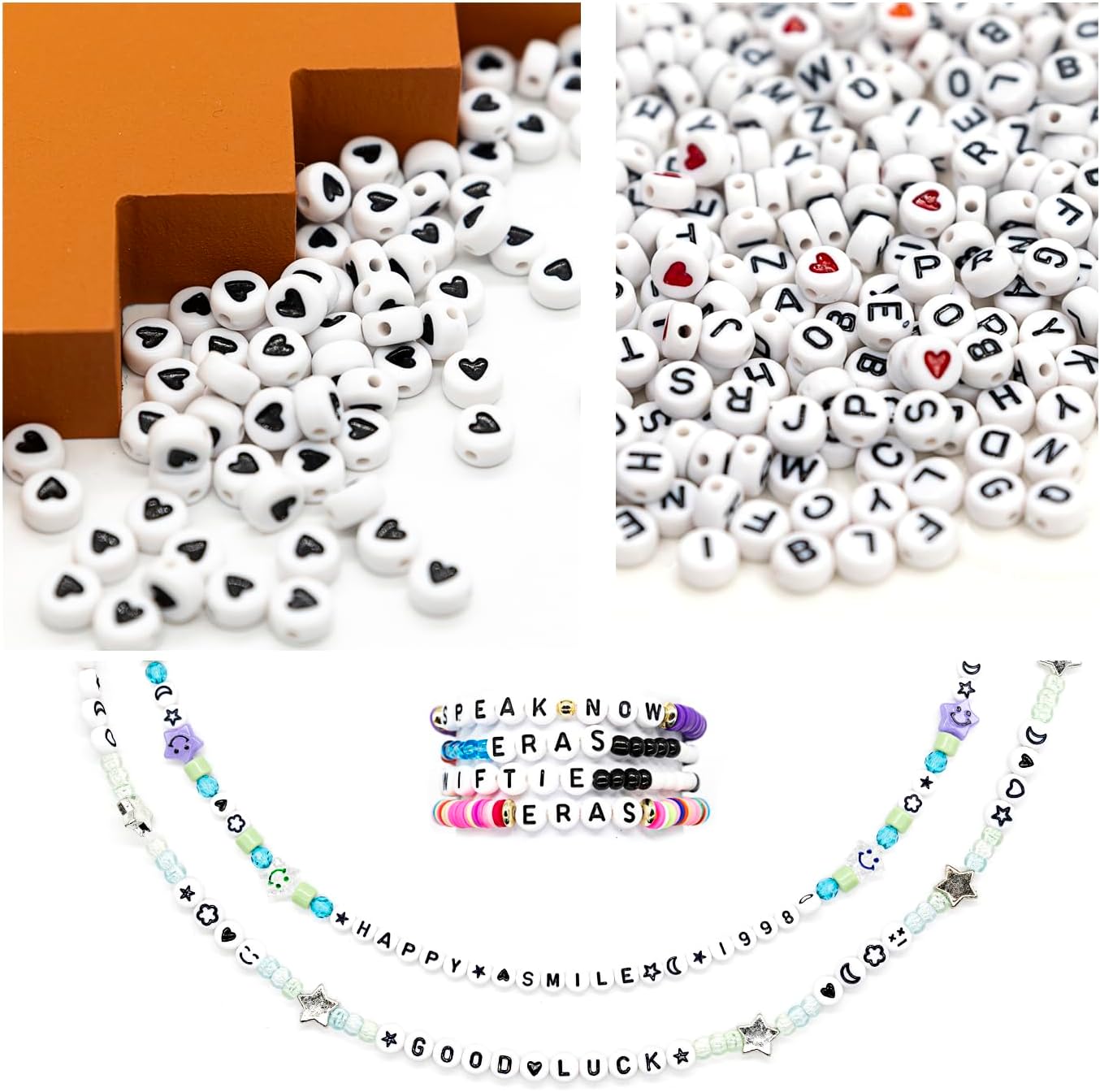 Acrylic Letter Beads Kit for Jewelry Making, 4x7mm Alphabet Beads with Clay Heishi & Seed Beads, Includes Metal Rings for Wine Glass Charms, for Concert Friendship Bracelets (White&Black)
