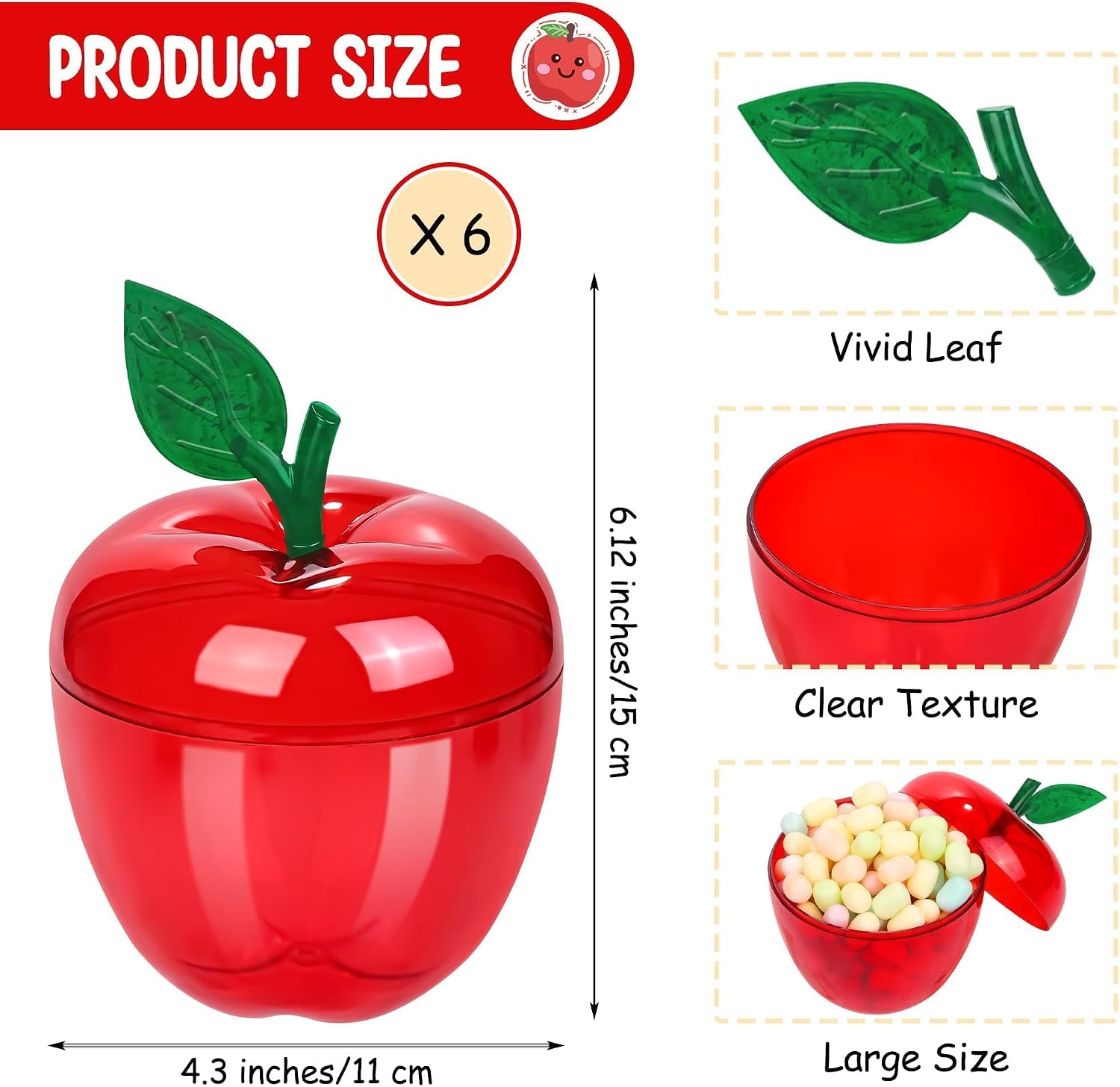 Aneco 6 Pack Red Apple Container Teacher Appreciation Gift Candy Box Valentine Wedding Party Toy Large Filled Plastic Bobbing Apple Candy Jars with Lids Back to School Party Supplies Red 6