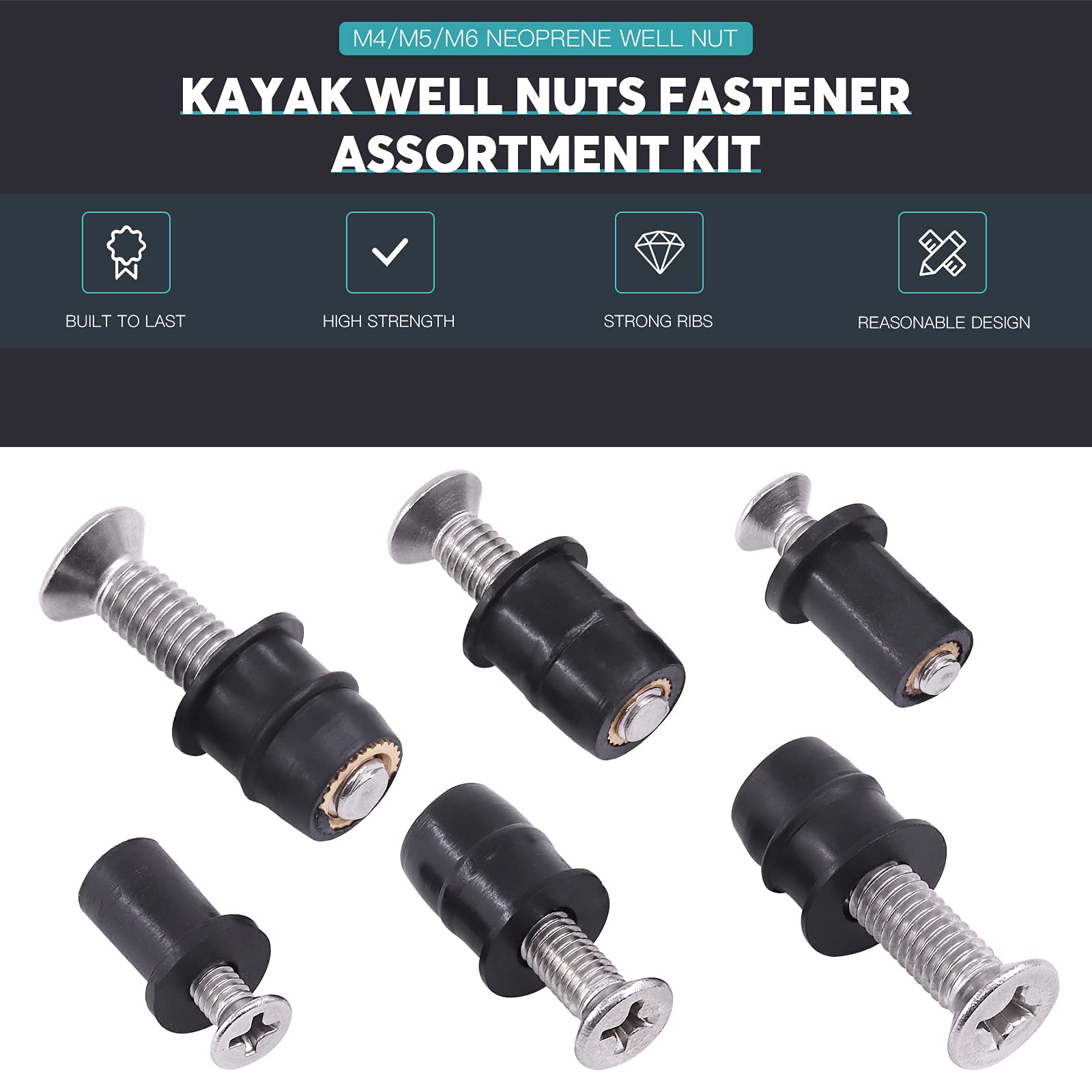 Cimeton 30 works M4 M5 M6 Neoprene Well Nuts with Stainless Steel Pozi Screw Brass Copper Bolts Well Nut Kit for Kayak Motorcycle - Image 3