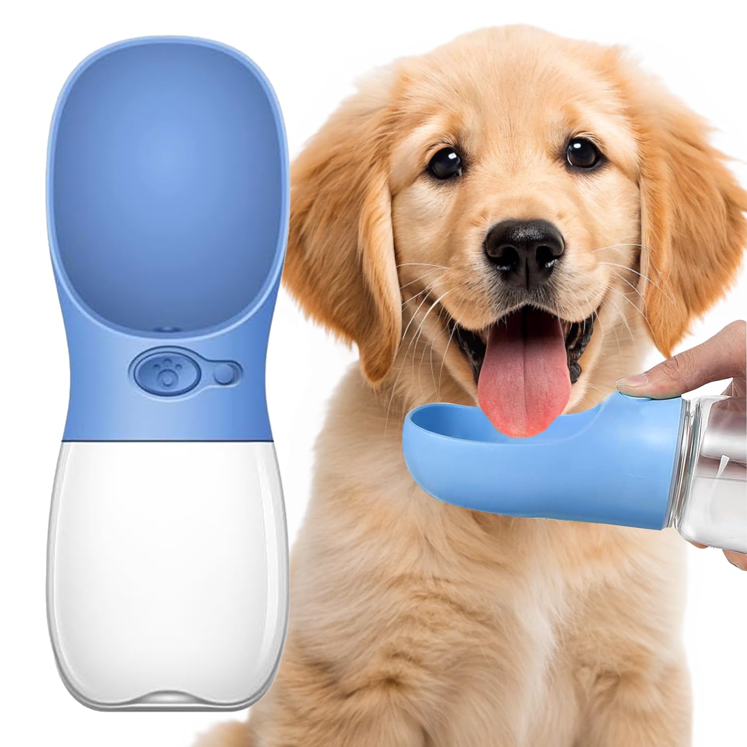 AHIZ Portable Dog Water Bottle 350ml, Travel Pet Water Dispenser with One-Touch Release, Leak-Resistant Design, Food-Grade Material, Compact Bottle with Strap for Dogs & Cats (Sea Blue)