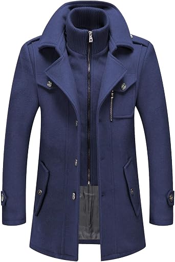 INVACHI Men's Wool Blend Coat Warm Winter Trench Coat with Detachable Soft Scarf Single Breasted Pea Coat