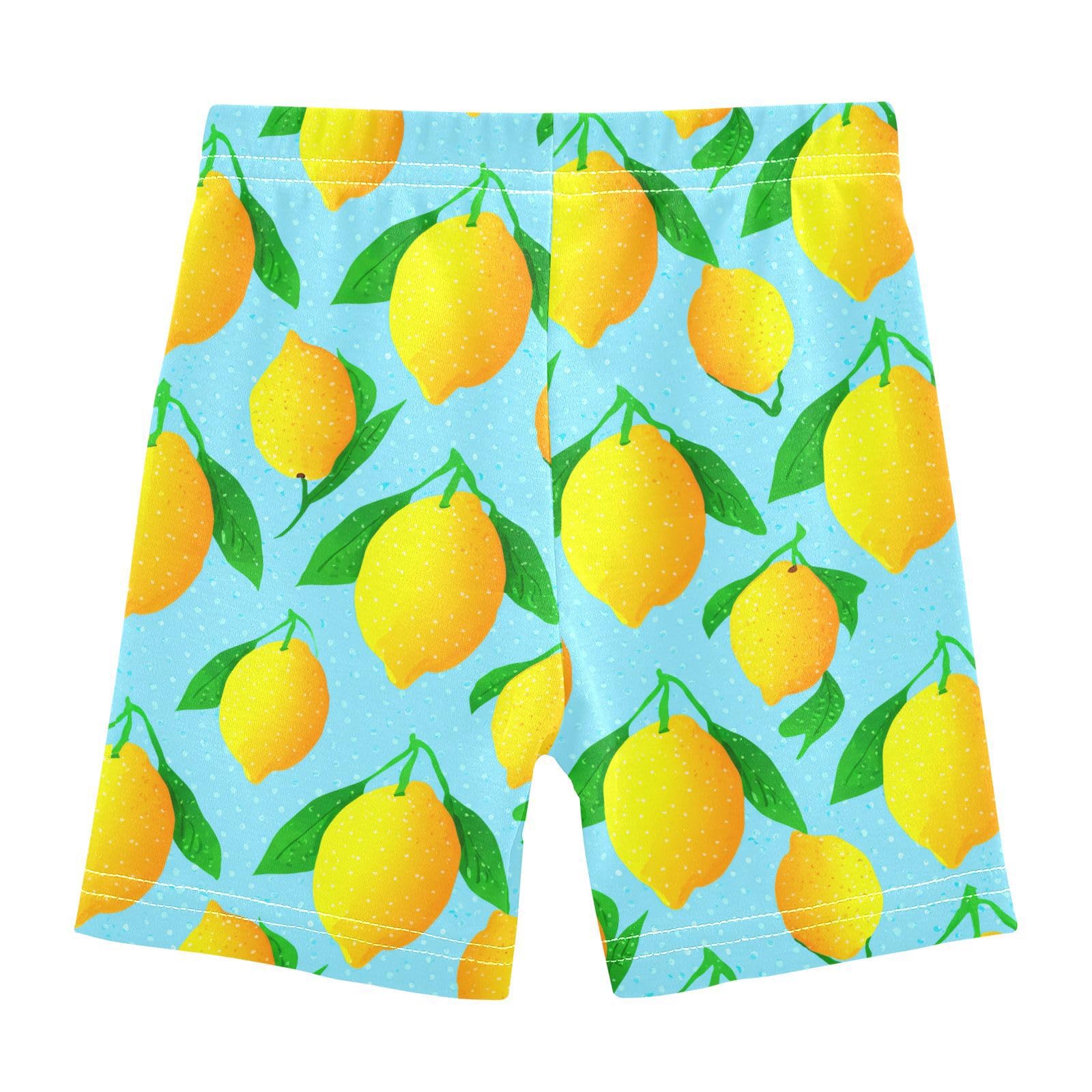 Lemon Leaves Blue Girls Bike Shorts Toddler Soft Cotton Cartwheel Under Dress Dance Shorts