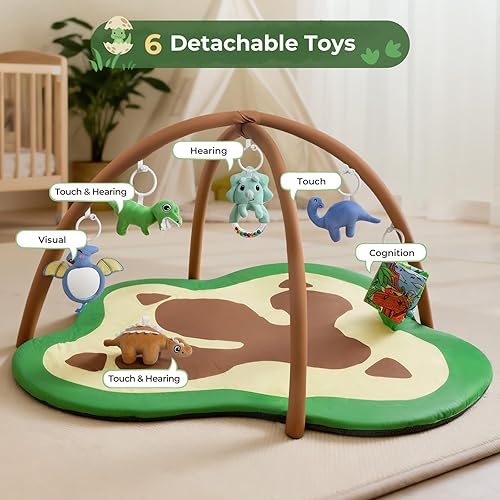 Miniatura 3 de Tapete de juego para el gimnasio para bebés, tapete de gran tamaño con forma de garras de dinosaurio con 6 juguetes de actividad desmontables para