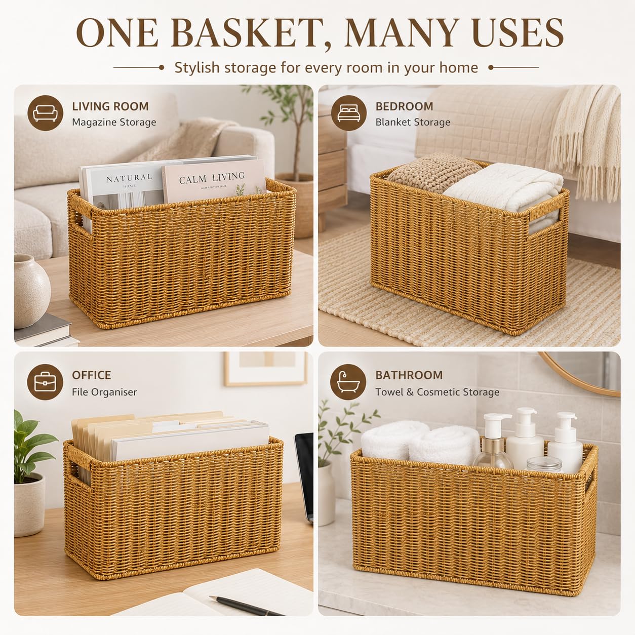 Healeved Panier de rangement tressé style rotin porte-revues avec poignées | Grand panier de rangement aspect rotin naturel pour magazines, livres, collations, cosmétiques et utilisation à domicile