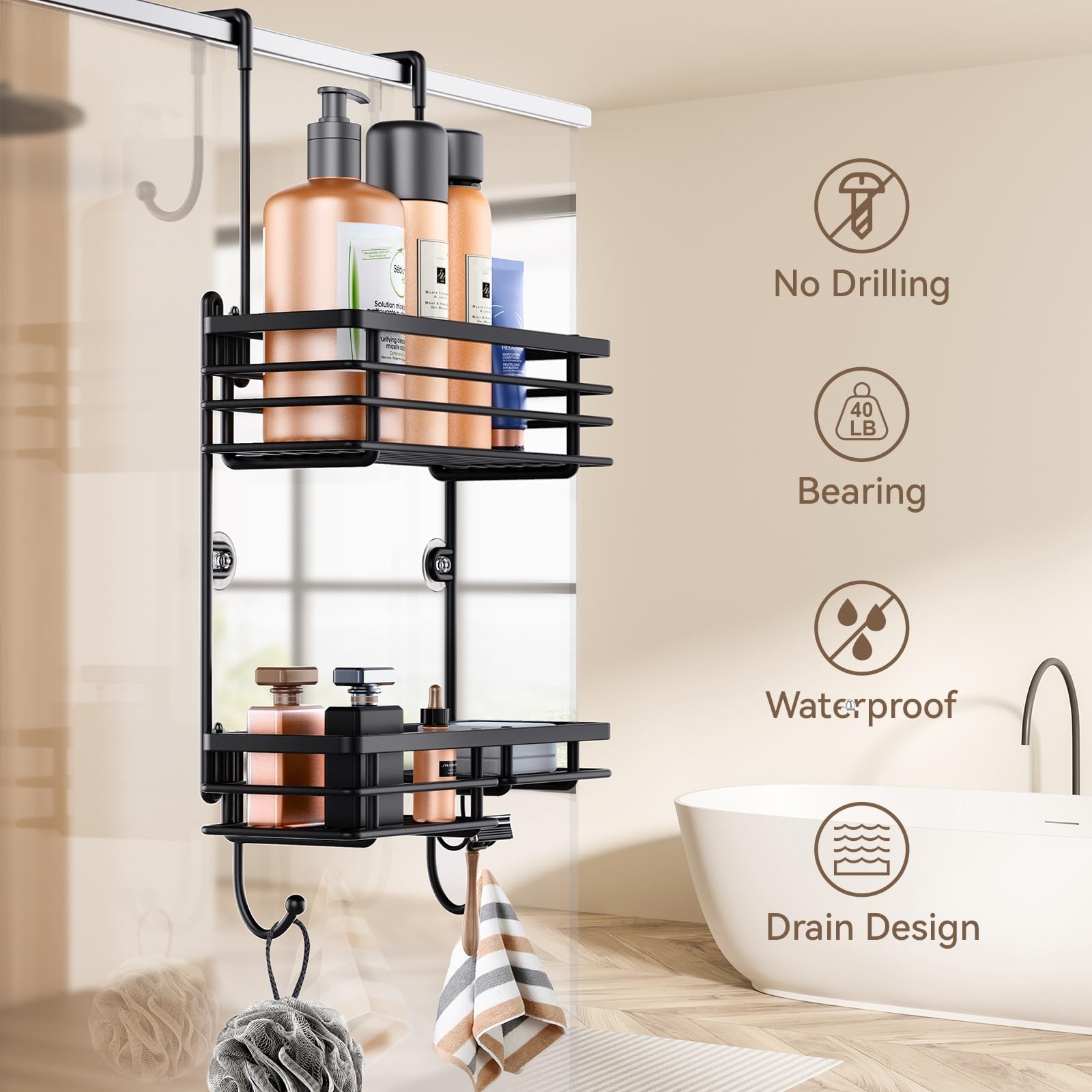 Gaseawolf Shower Caddy Over Door, Shower Hanging Organizer, No Drilling Over the Door Storage Caddy with 2-Tier Rack and Hooks, Holds Body Wash, Shampoo, Soap, Razor, Towel, Bathroom Rack Black