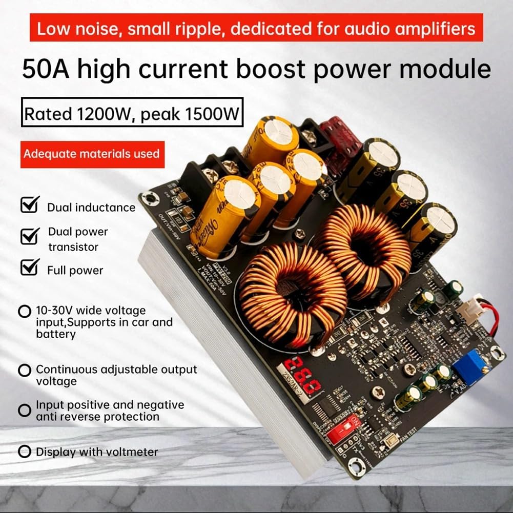 Audio Amplifier Power Supply Step Up Power Supply Module 1200W 50A Dual Inductor 10-30V to Vin-50V Adjustable Voltage Charger
