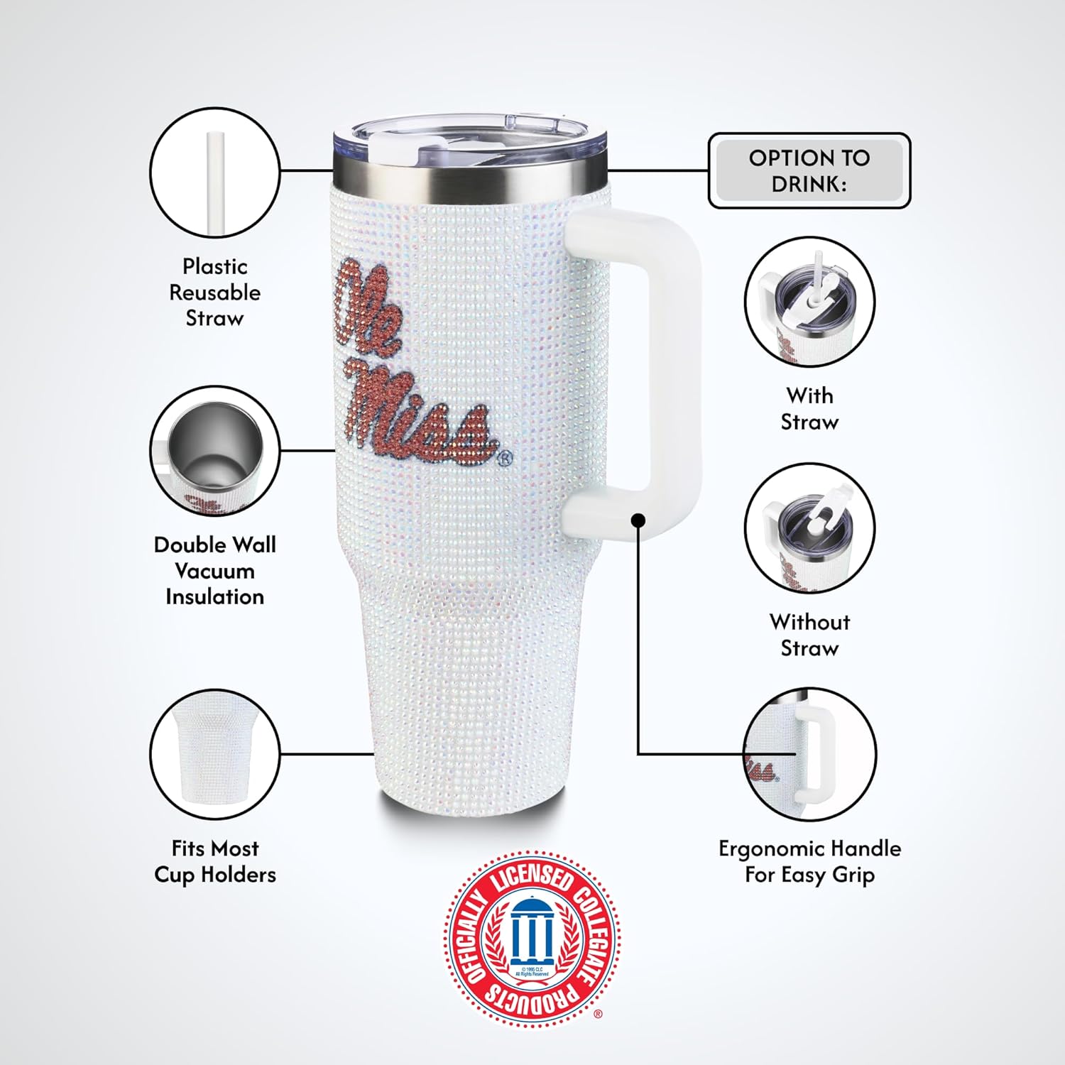 The Memory Company Officially Licensed 40oz White Bling Game Day Tumbler, University of Mississippi