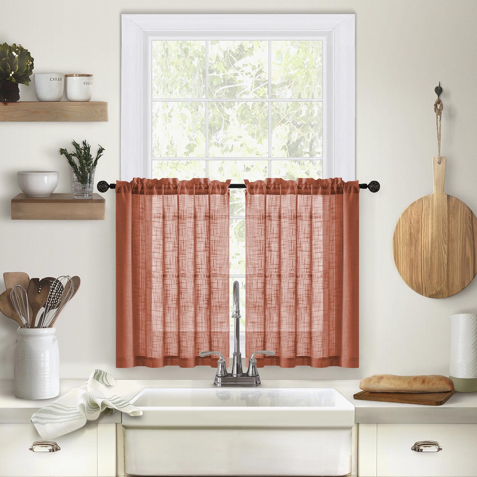 Voilage orange rouge aspect lin rideau court passe tringle KnSam chambre lot 2