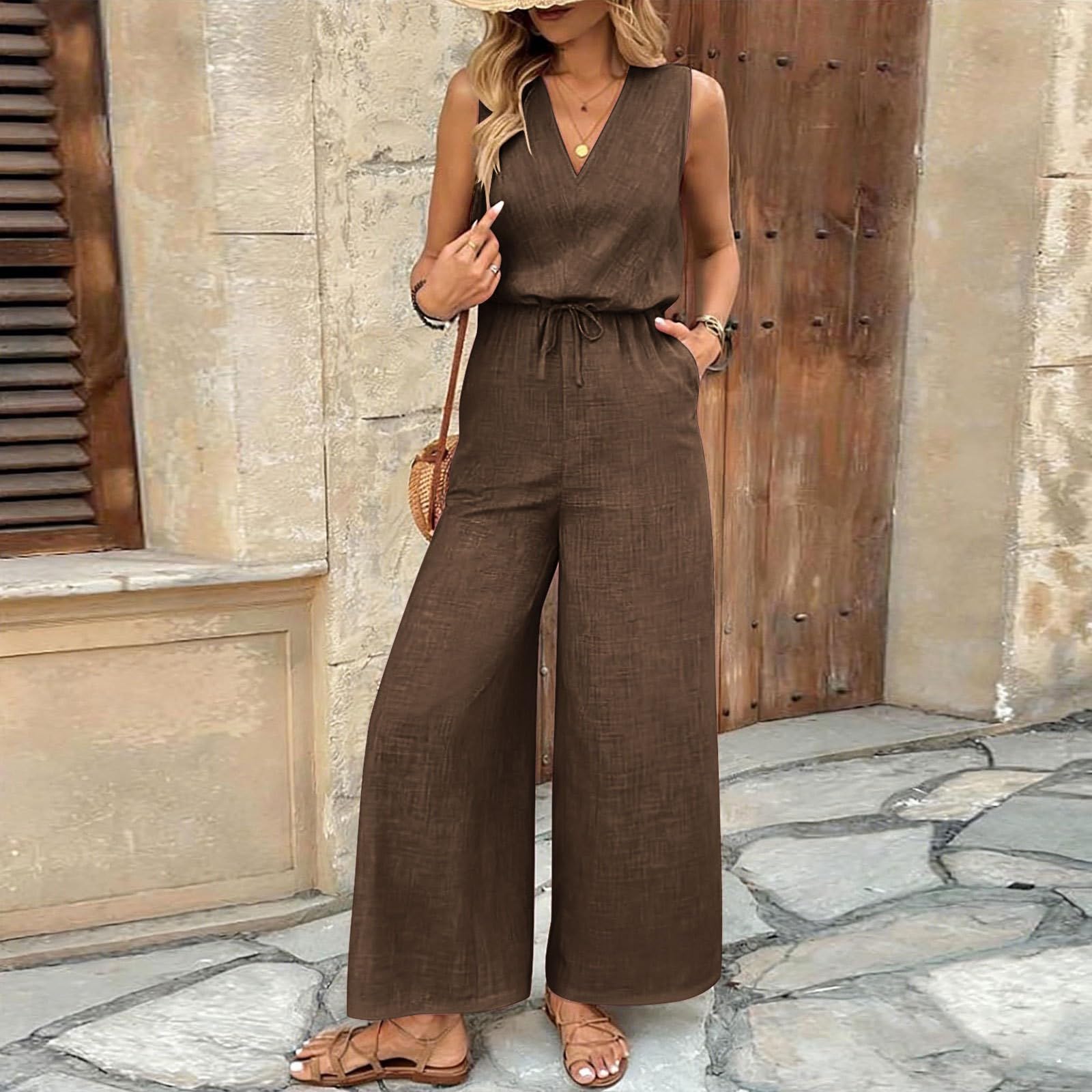 Generisch Tuta da donna a gamba larga, con scollo a V, senza maniche, tuta casual, tuta intera elegante, leggera e traspirante, tuta estiva in cotone per il tempo libero