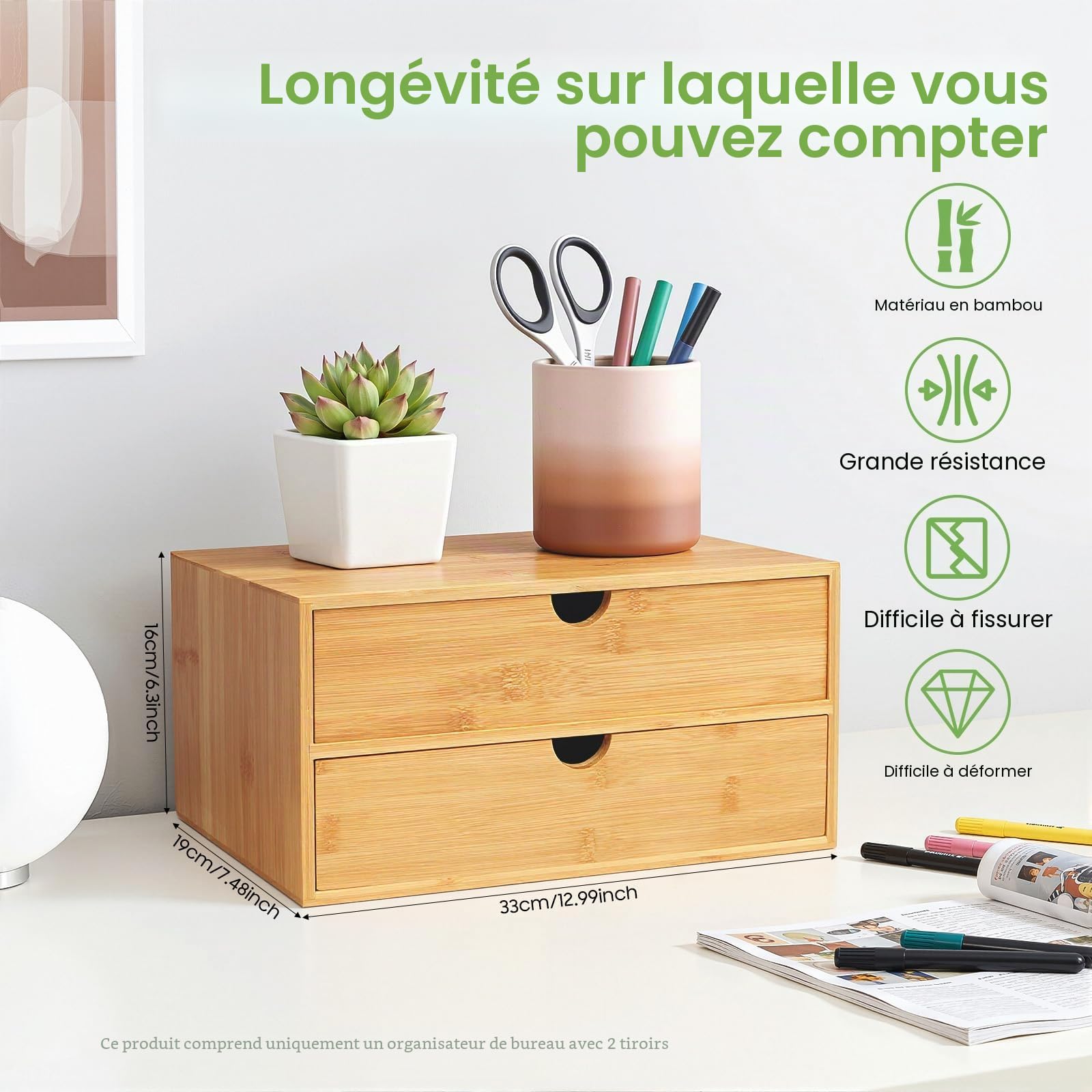 Organisateur de bureau, boîte à tiroirs en bambou, mini commode, design monobloc, boîte d'étagère boîte à maquillage avec 2 tiroirs pour bureau, salon et chambre à coucher