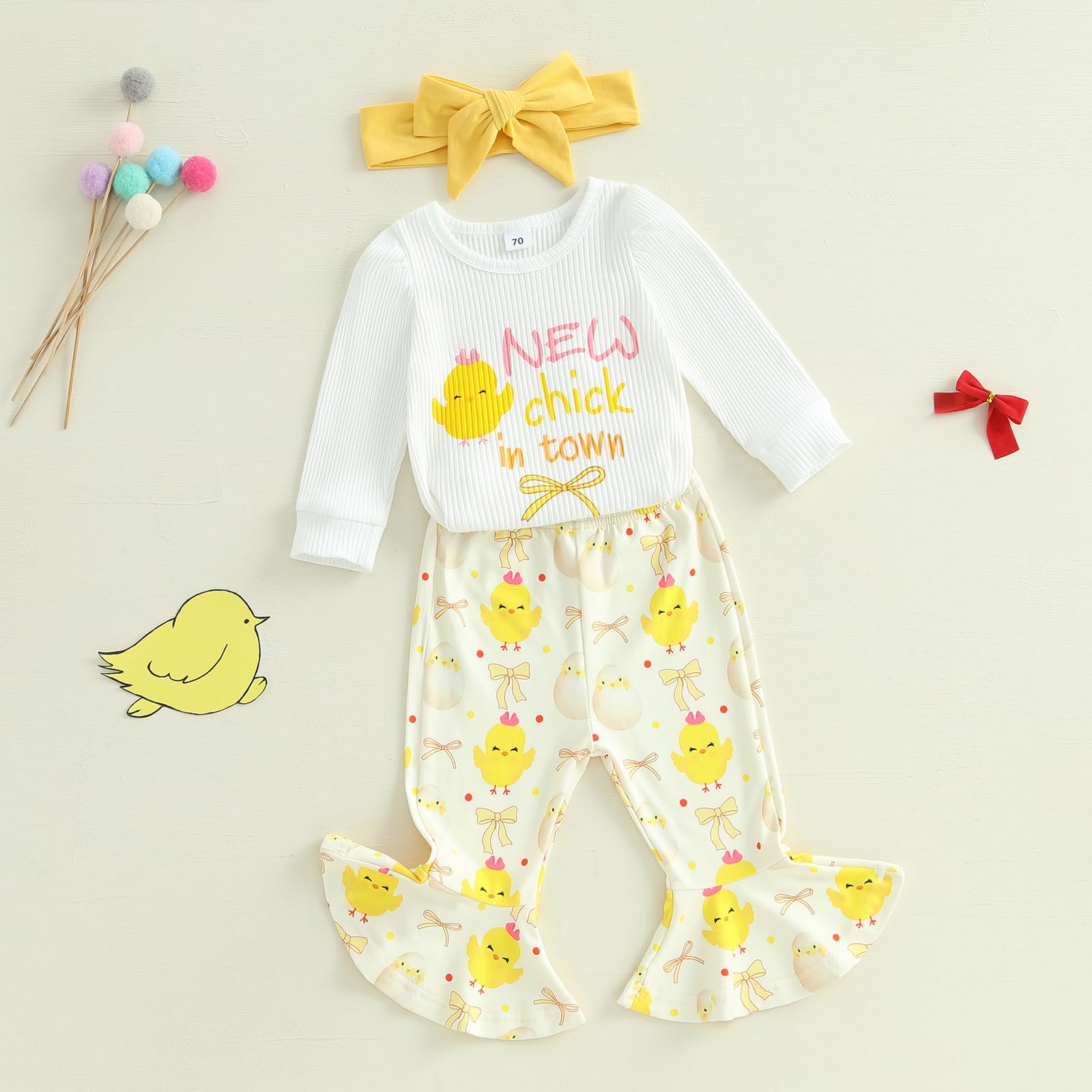 Newborn Baby Girl Easter Outfit New Chick In Town Ribbed Romper Chicks Bow Flare Pants Headband Clothes Set (Yellow, 1-3 Months)