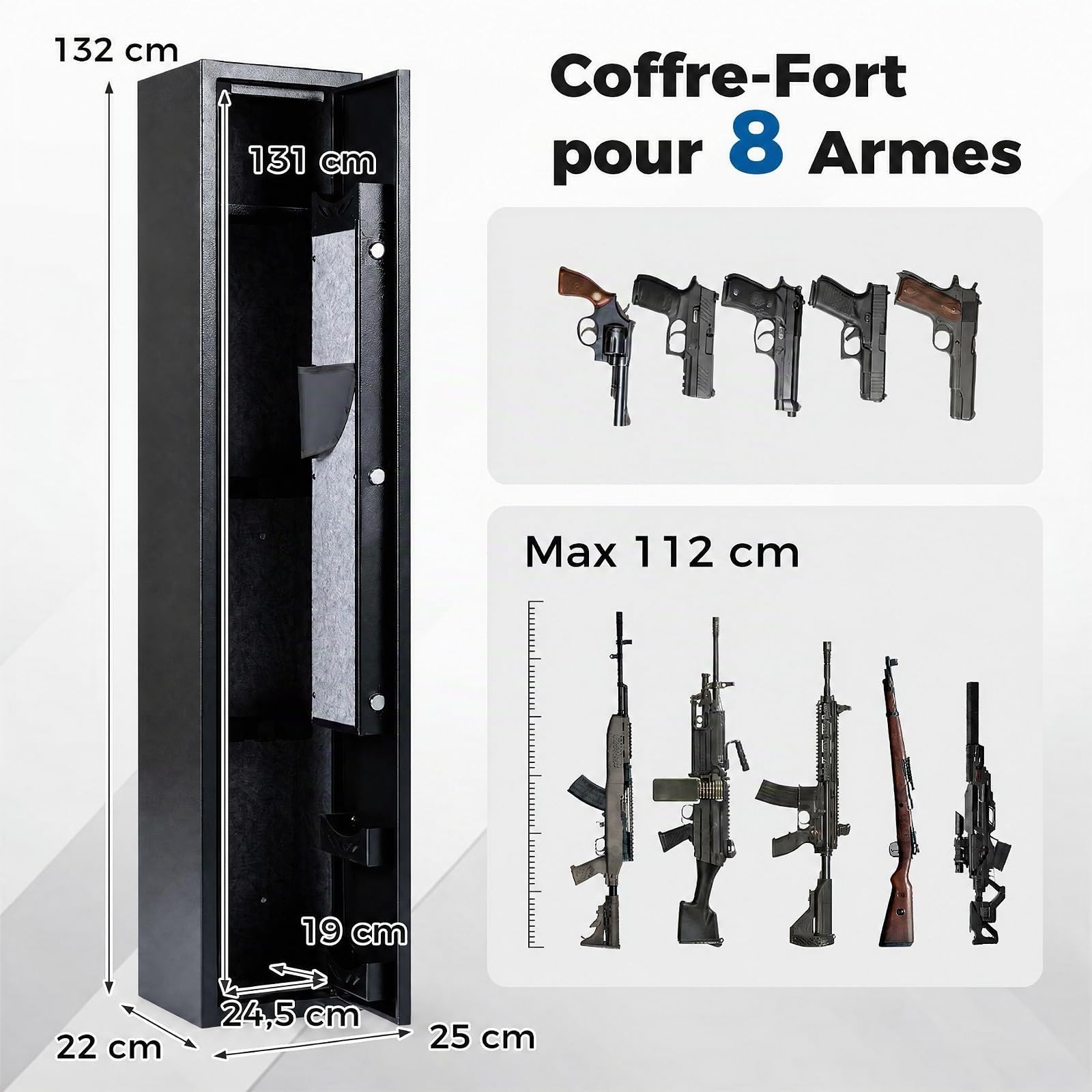 COSTWAY Armoire à Armes pour 8 Fusils, Coffre-Fort 2 Façons de Verrouillage | par Clavier Numérique et Clés, Fonction d'Alerte, Armoire à 8 Fusils, pour Fusils et Pistolets Domestiques, 25 x 22 x 132 cm