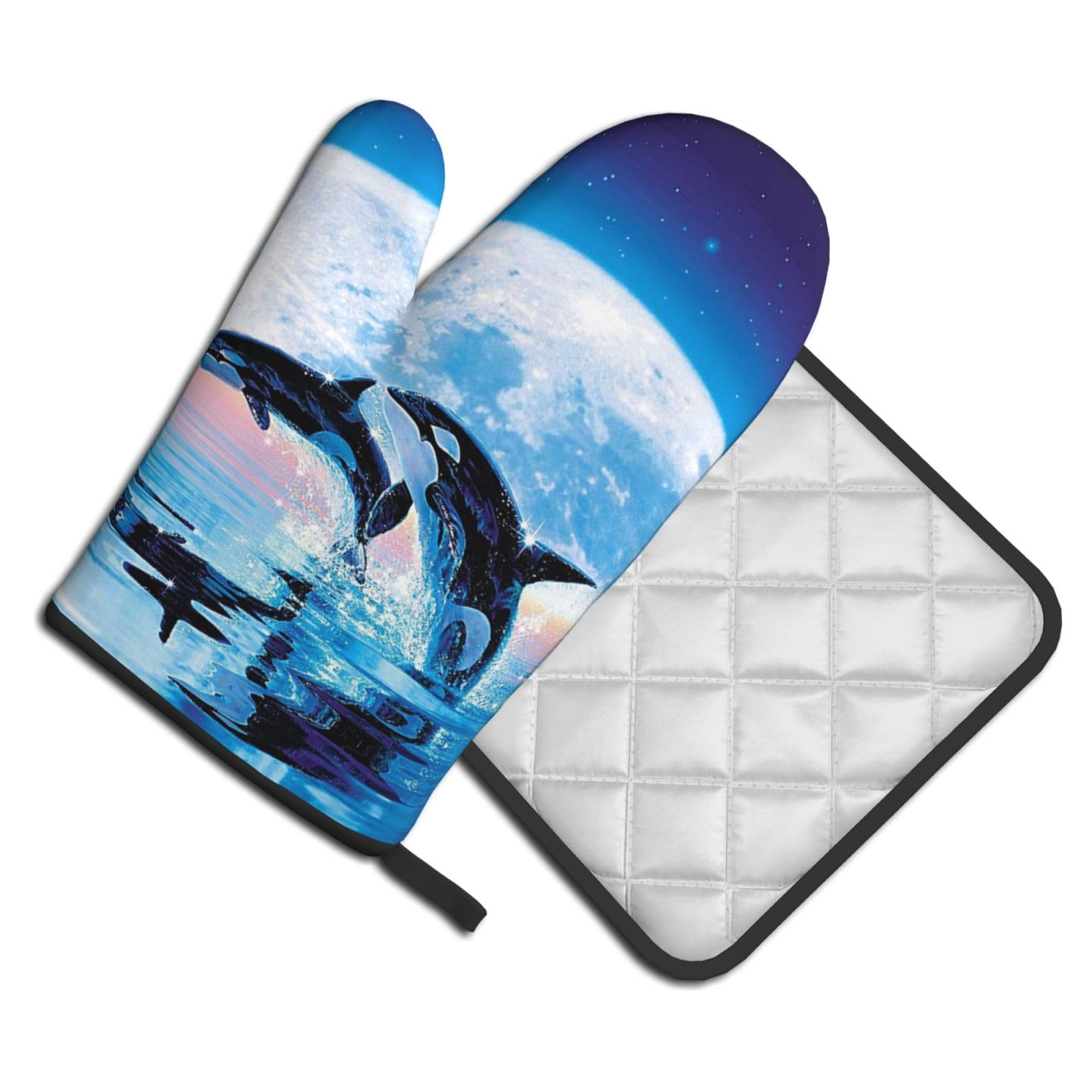 Oven Mitts and Pot Holders Set of 2 Pcs, Whales Jump Printed Heat Resistant Kitchen Gloves Potholders for Cooking Baking Grilling