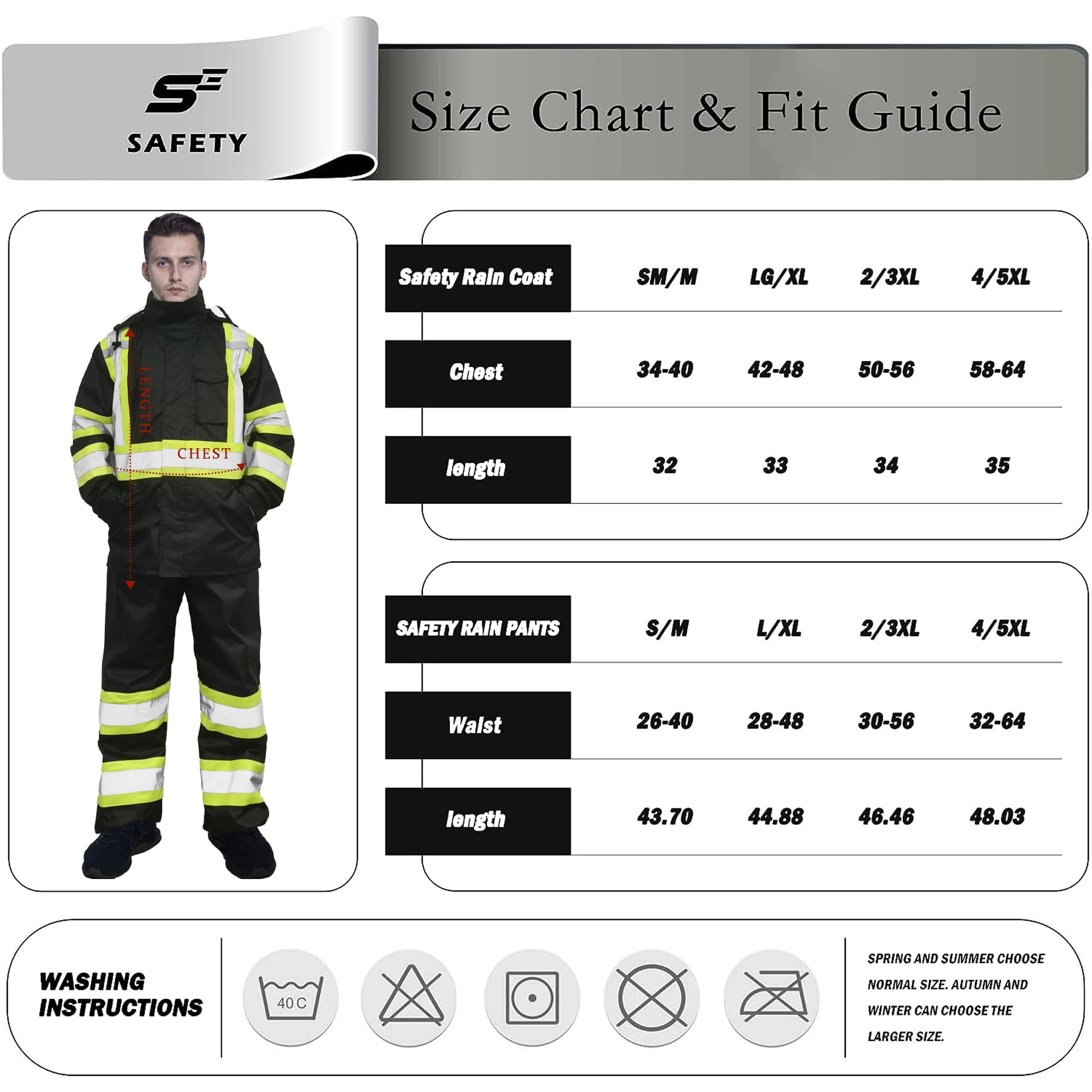sesafety Trajes de lluvia impermeables para hombre, equipo de lluvia de alta visibilidad clase 3, chaqueta impermeable de alta visibilidad con parte inferior negra