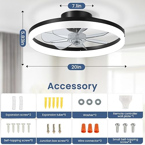 Miniatura 6 de CHAREADA - Ventilador de techo con luz, ventilador de techo plegable moderno de 20 pulgadas de bajo perfil con 6 velocidades de viento, luz de techo