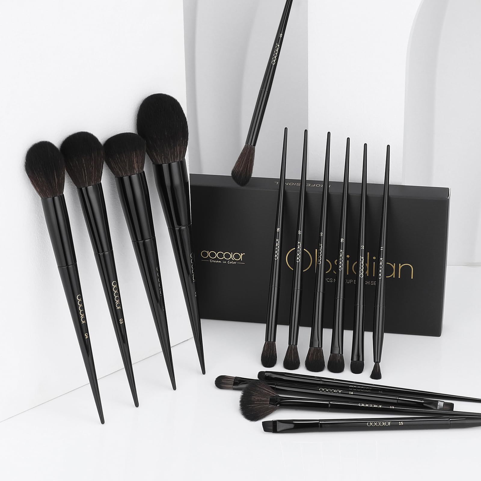 Docolor Pędzle do makijażu, 15 szt., obsydianowy zestaw pędzli do makijażu, wysokiej jakości, syntetyczny puder, podkład, podkład, kontur, róż, korektor, cienie do powiek, mieszanie, eyeliner,