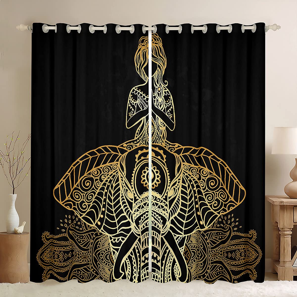 Boho słonie zasłony, złote zasłony okienne z mandalą dla chłopców dziewcząt nastolatków, indyjska dziewczyna nadruk zasłony okienne dekoracja domu, elegancki egzotyczny styl zaciemniające zasłony do salonu sypialni, 46 szer. x 72 l