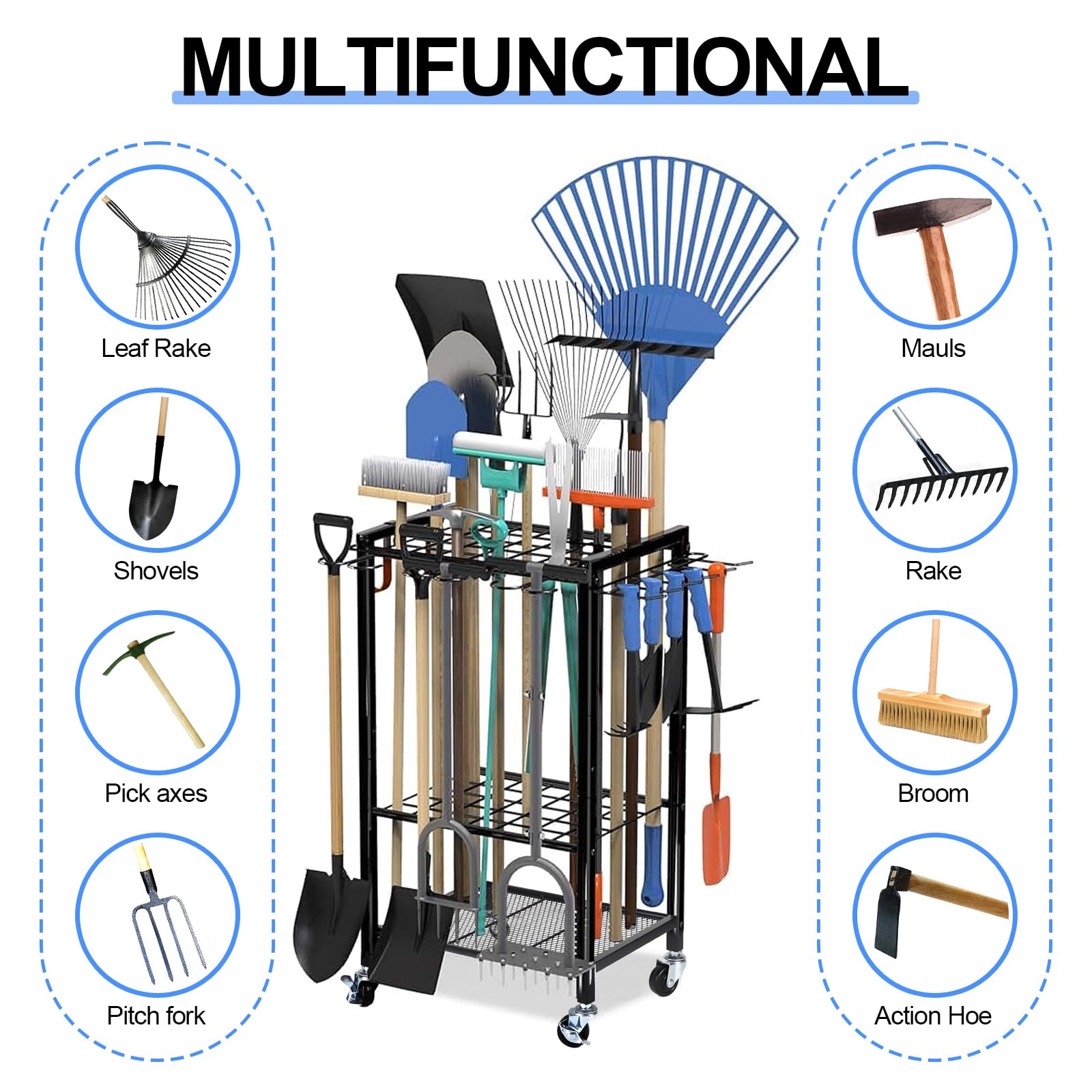 efuturetime Organizer na narzędzia ogrodowe z kołami, metalowy uchwyt na narzędzia ogrodowe, przechowywanie 50 narzędzi 80 x 40 x 32 cm do przechowywania miotły, łopat i grabiarek do garażu, szopy