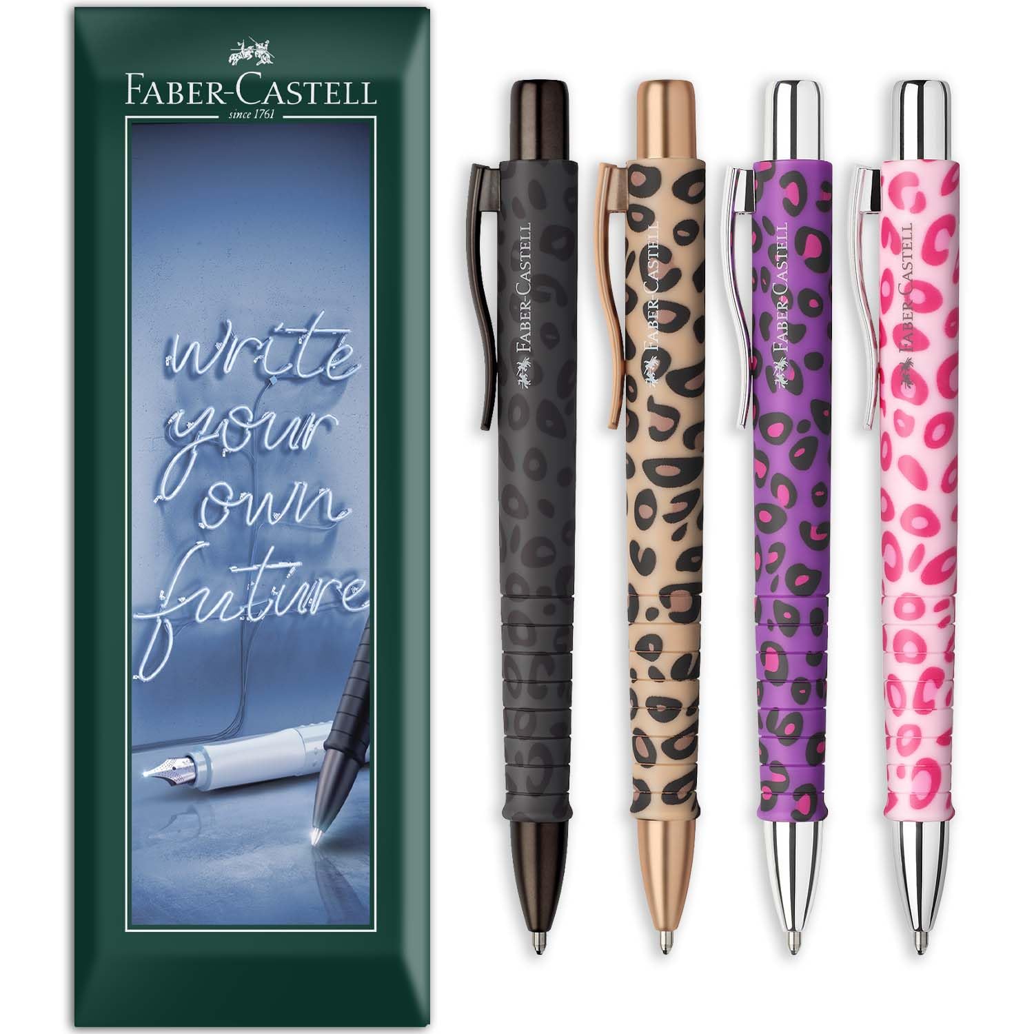 Faber-Castell Poly Ball XB Ballpoint Pen Leo Edition - Extra Broad Nib - Novelty Animal Themed Multicoloured Barrels, Blue Ink - Envelope Gift Pack of 4 Pens