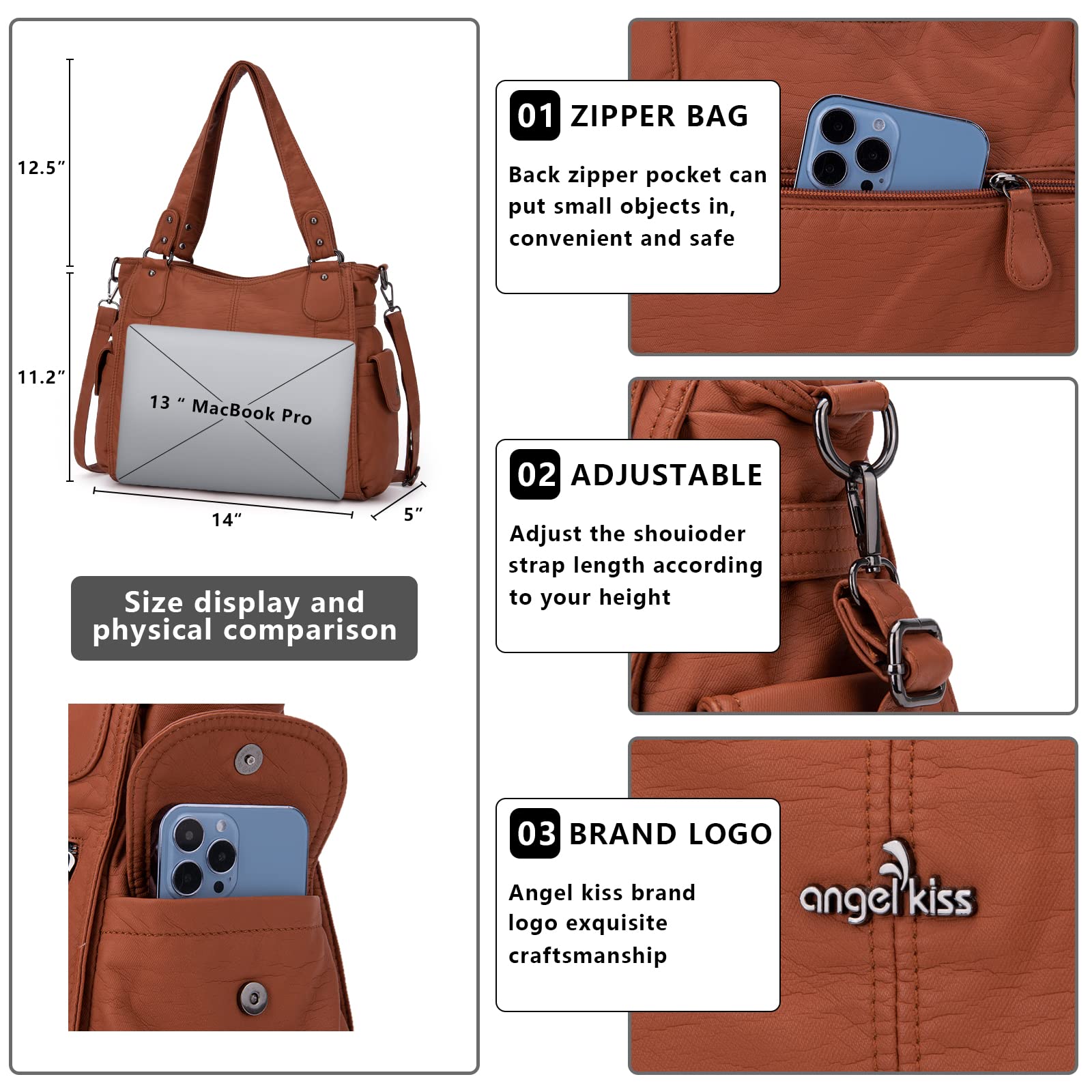 Angel Kiss Purses and Handbags Top-Handle Hobo Bags for Femmes Roomy Sacs à bandoulière en cuir lavés Sac à main pour filles