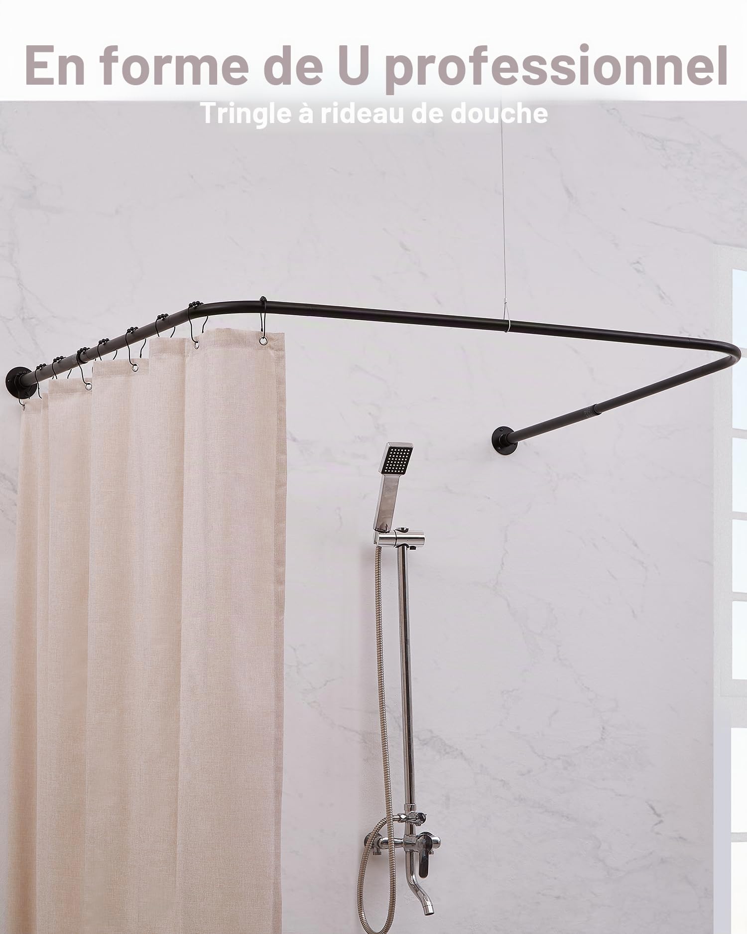 Porte-Rideau de Douche en U Réglable [Côtés : 60-132 cm, Milieu : 76-117 cm] - Barre de Douche Extérieure Anti-Affaissement avec 12 Crochets et Support Plafond