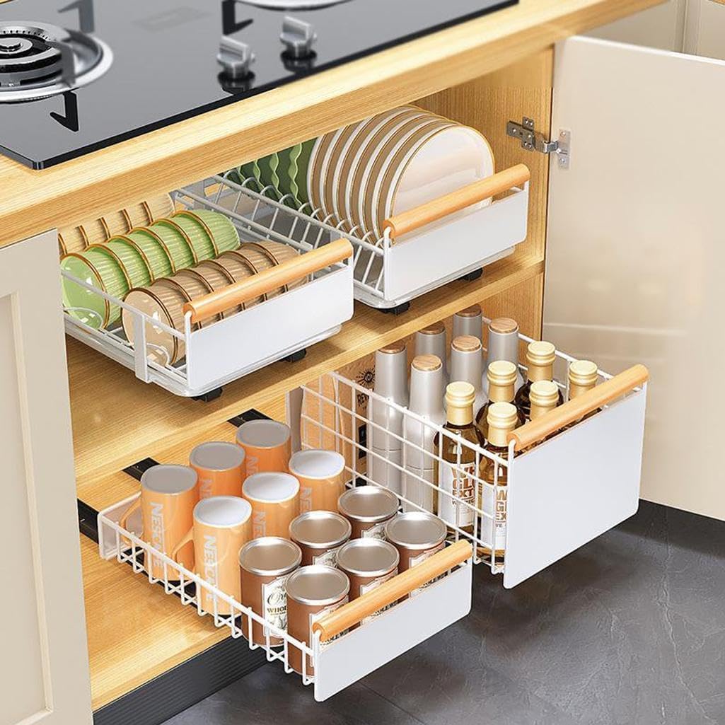 Telescopic Kitchen Drawer - No Drill Adhesive Slide-Out Storage for Cabinets, Expandable Storage Rack, Kitchen Accessory for Easy nization and Space-Saving