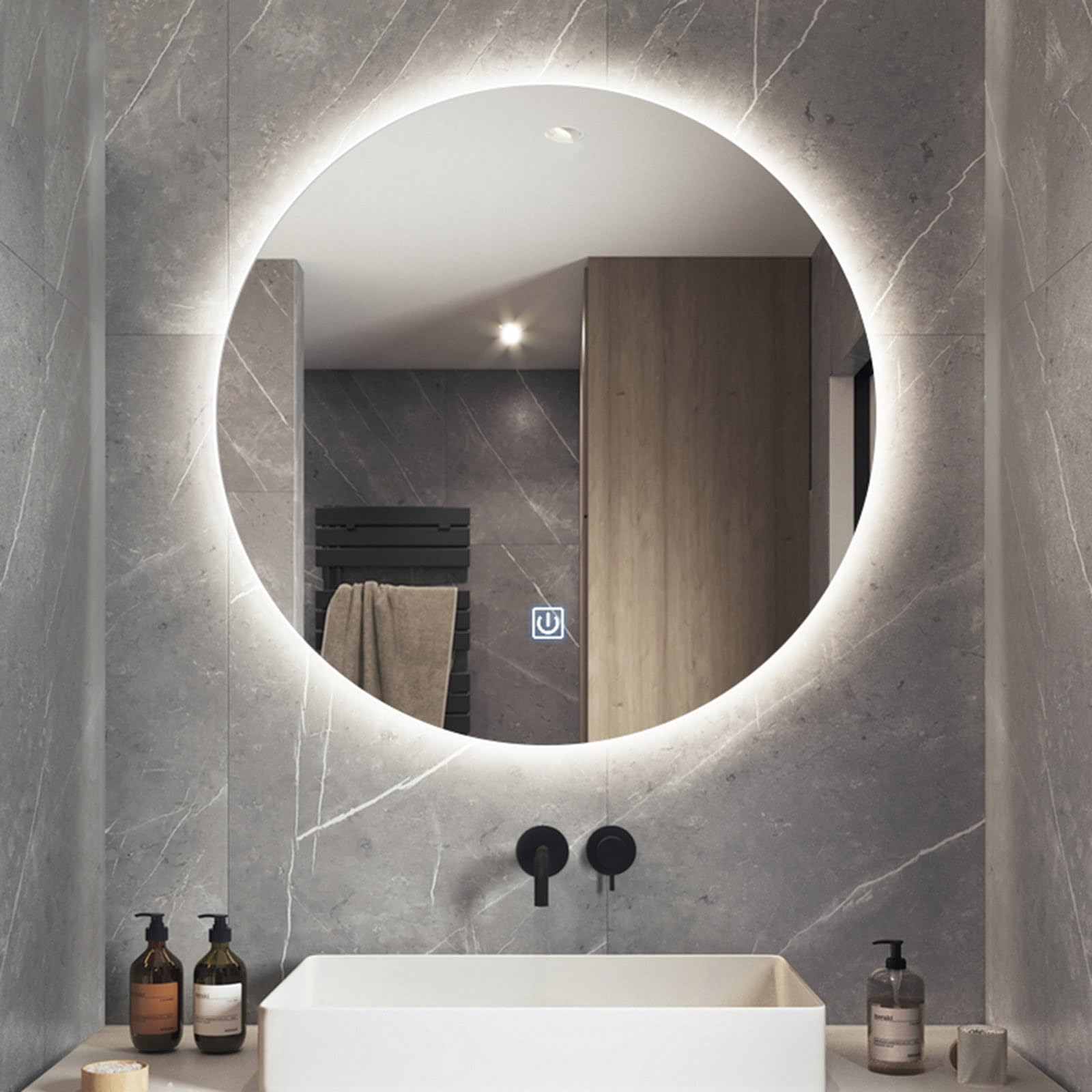 Espejo De Baño Redondo Espejo Maquillaje con Interruptor Táctil Sensor De Luz Blanca Atenuación Continua Espejo Retroiluminado LED Adecuado para Pasillos Dormitorios(50CM)