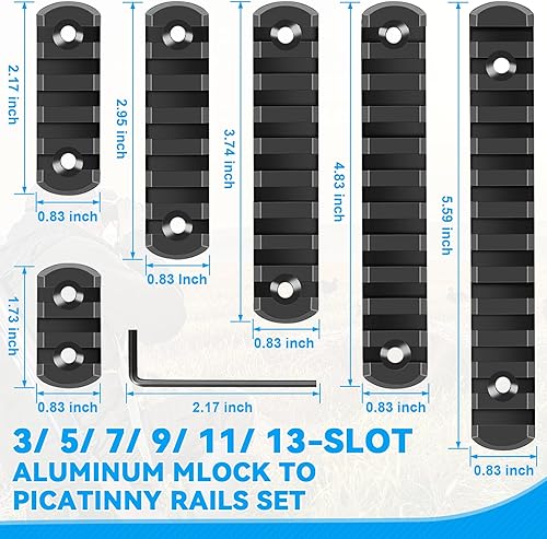 Miniatura 12 de Juego de 6 rieles Mloc Picatinny individuales para Mlock 3, 5, 7, 9, 11, 13 ranuras con 13 tuercas en T y tornillos, 3 llaves Allen, color negro