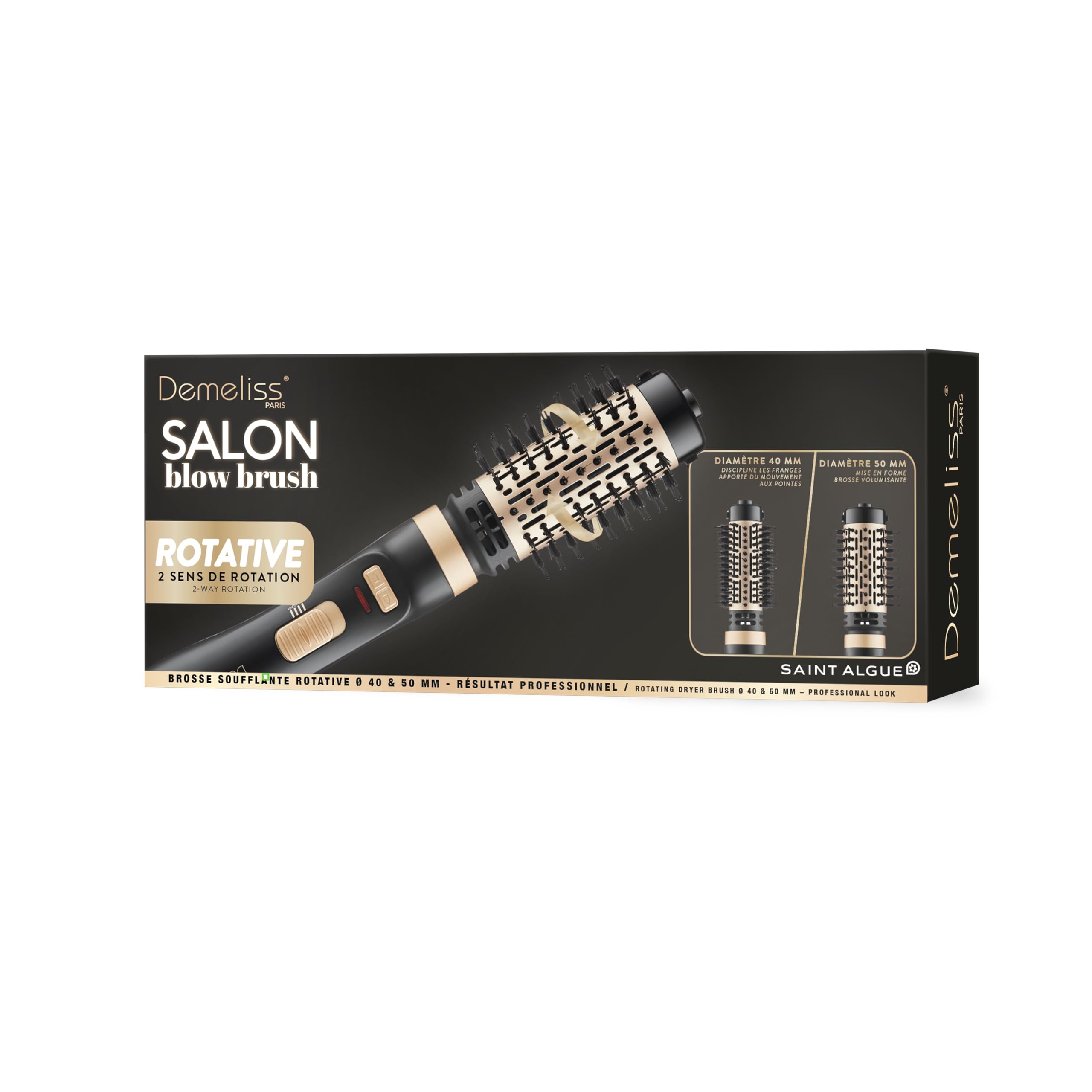 Demeliss Saint Algue – Brosse Soufflante Rotative Salon Blow Brush – 2 Diamètres 40 Et 50 mm – Séchage, Coiffure Brushing Facile – Effet Lisse, Volume Mouvement – Revêtement Céramique