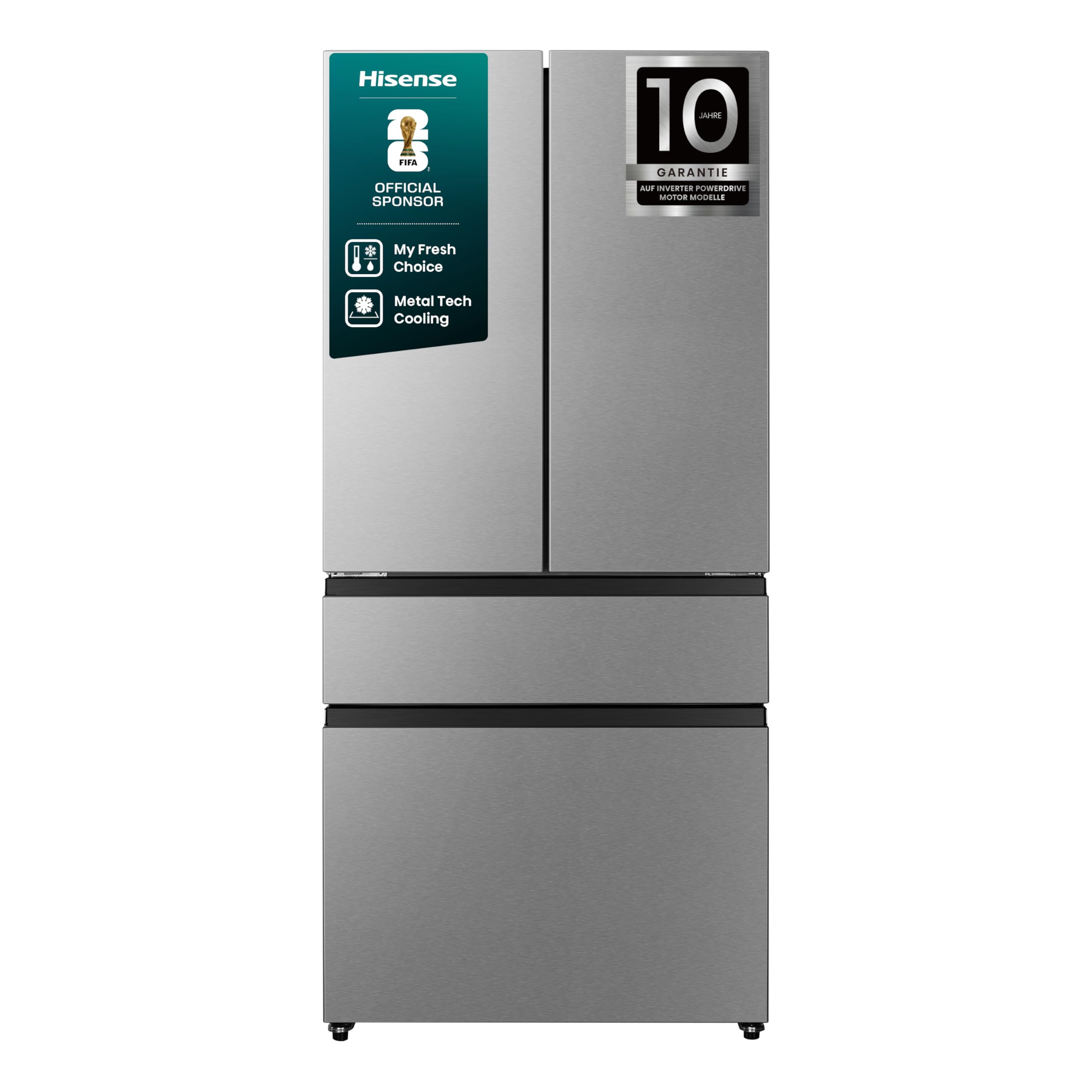 Hisense RF540N4SBI2 French Door Kühl-Gefrierkombination/ NoFrostPlus/ Inverter-Kompressor/ ConvertActive/ CrispZone/ 181,7 cm/ Kühlteil 302 l/ Gefrierteil 178 l/ 40 dB/ 310 kWh/ Jahr/ Inox-Look