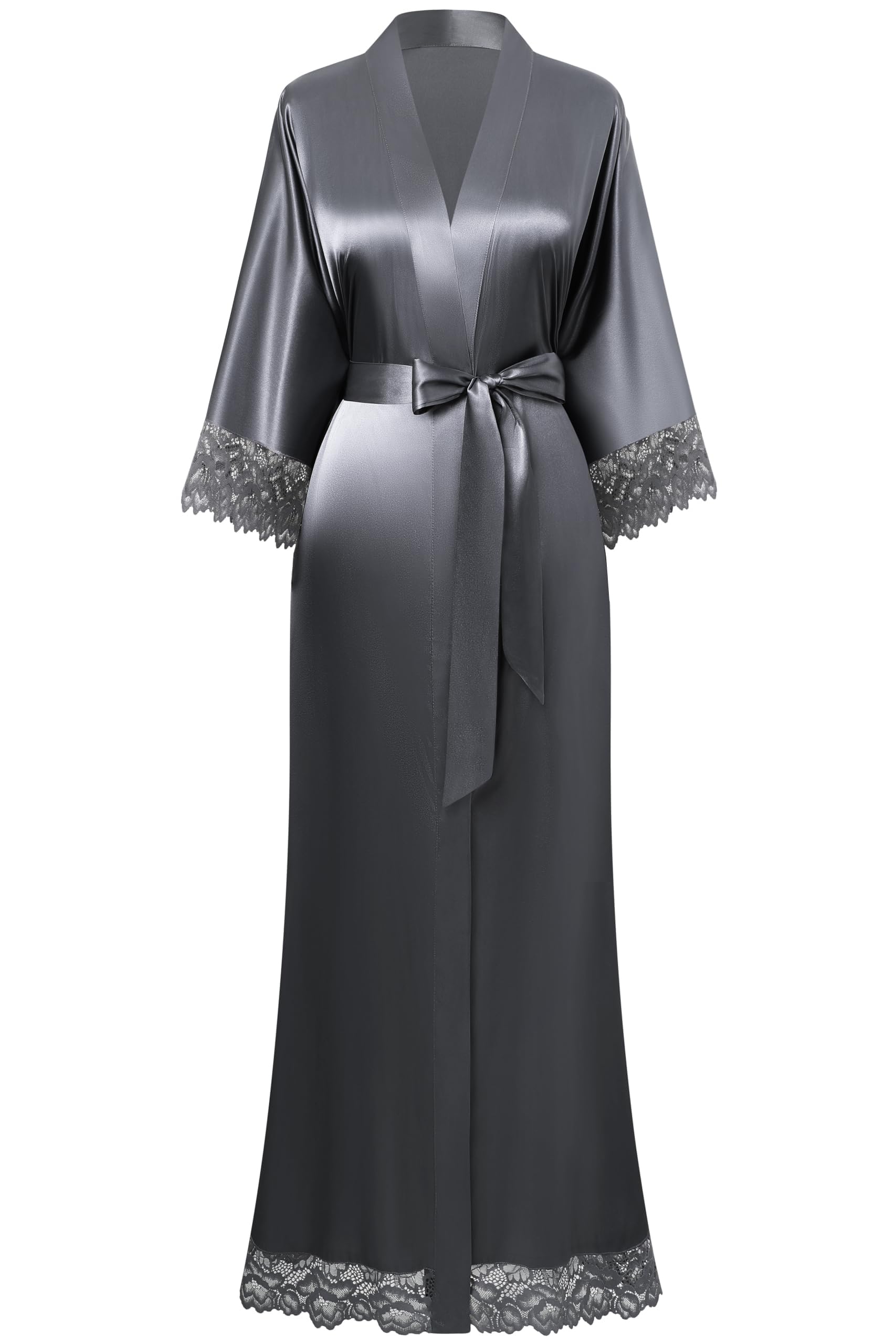 BABEYOND Satin Kimono Robe Silky Long Bridesmaid Wedding Lightweight Bath Robe with Lace Trim