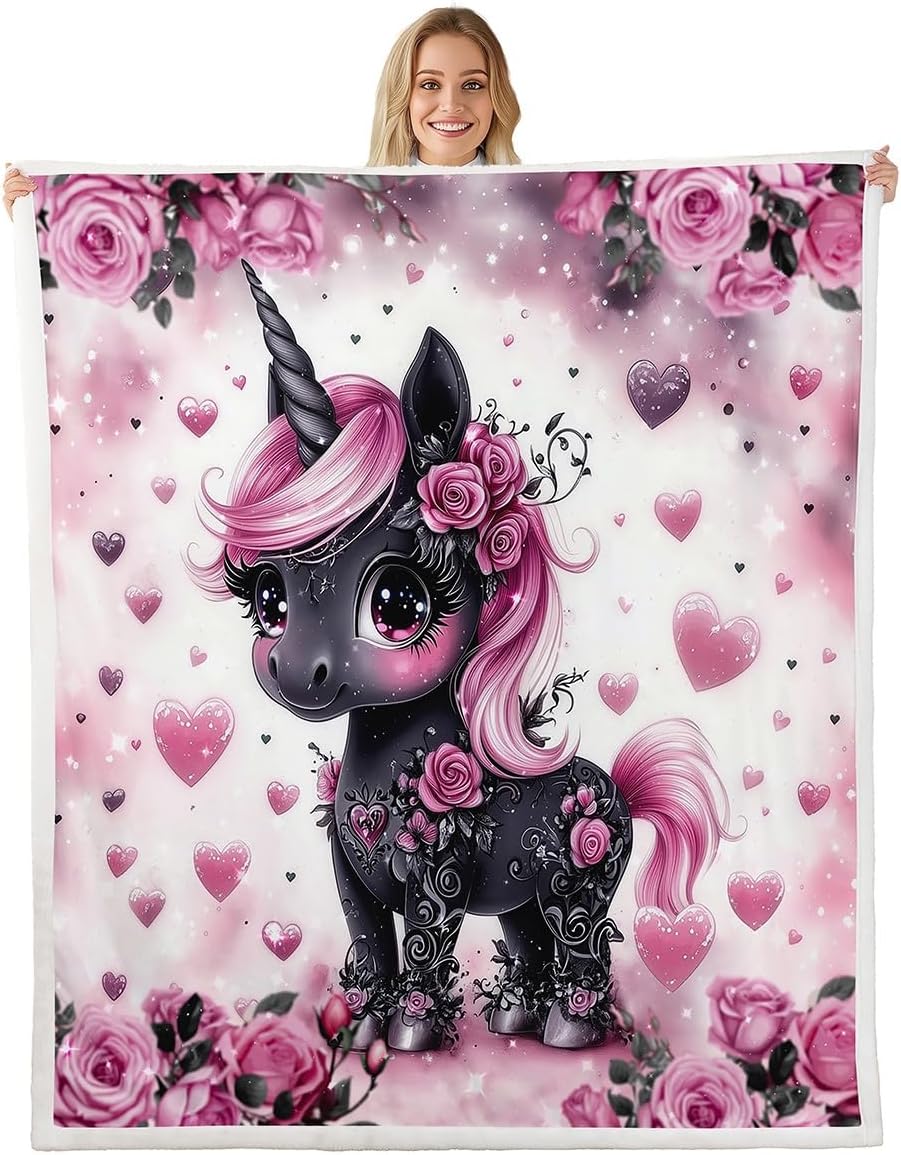 Unicorn Girls Fleece Flannel Blanket,Purple Unicorn Flowers Bed Blanket for Bed Sofa Couch,90"x90"Glitter Print Galaxy Sky Bed Plush Blanket,Dreamy Unicorn Wing Lightweight Blanket