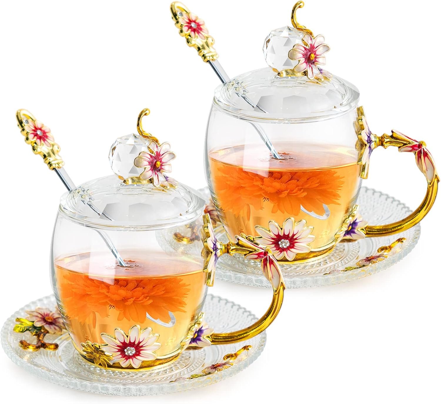 SHEEYEE Vintage Glass Tea Cups and Saucers Sets with Lids