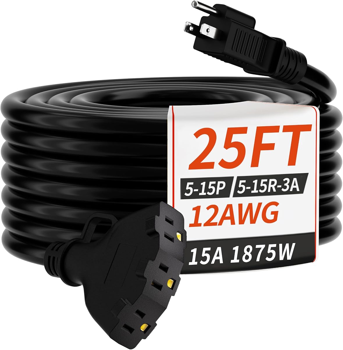 PlugSaf Cable de extensión para exteriores resistente al agua, calibre 12, color negro, 25 pies | Cable de extensión con indicador luminoso de múltiples salidas, 12 AWG 3 salidas, SJTW flexible, 15 A 1875 W, certificación ETL, interior/exterior