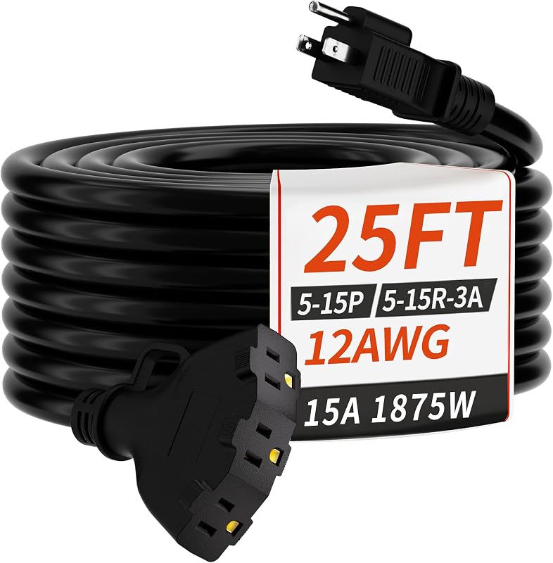 PlugSaf Cable de extensión para exteriores resistente al agua, calibre 12, color negro, 25 pies | Cable de extensión con indicador luminoso de múltiples salidas, 12 AWG 3 salidas, SJTW flexible, 15 A 1875 W, certificación ETL, interior/exterior
