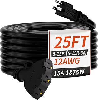 PlugSaf Cable de extensión para exteriores resistente al agua, calibre 12, color negro, 25 pies | Cable de extensión con indicador luminoso de múltiples salidas, 12 AWG 3 salidas, SJTW flexible, 15 A 1875 W, certificación ETL, interior/exterior