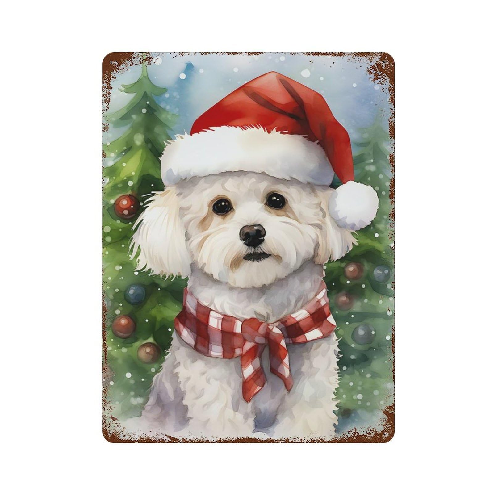 Rusty Metal Tin Sign with Bichon Frise Christmas Pai Design 15.7"x11.8", for Farmhouse, Kitchen And Entryway Decor, Rustic Home Decor