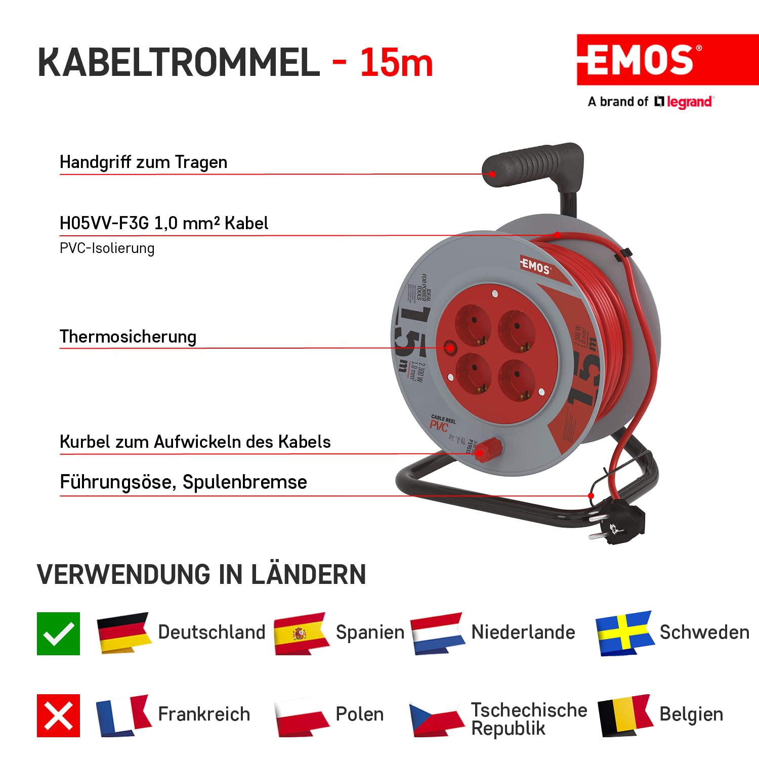 EMOS - Avvolgicavo 15 m - 4 prese Schuko - 230 V, 10 A, 2300 W - isolamento in PVC di alta qualità - H05VV-F3G 1,0 mm2 - protezione contro il surriscaldamento, freno bobina - IP20 per interni