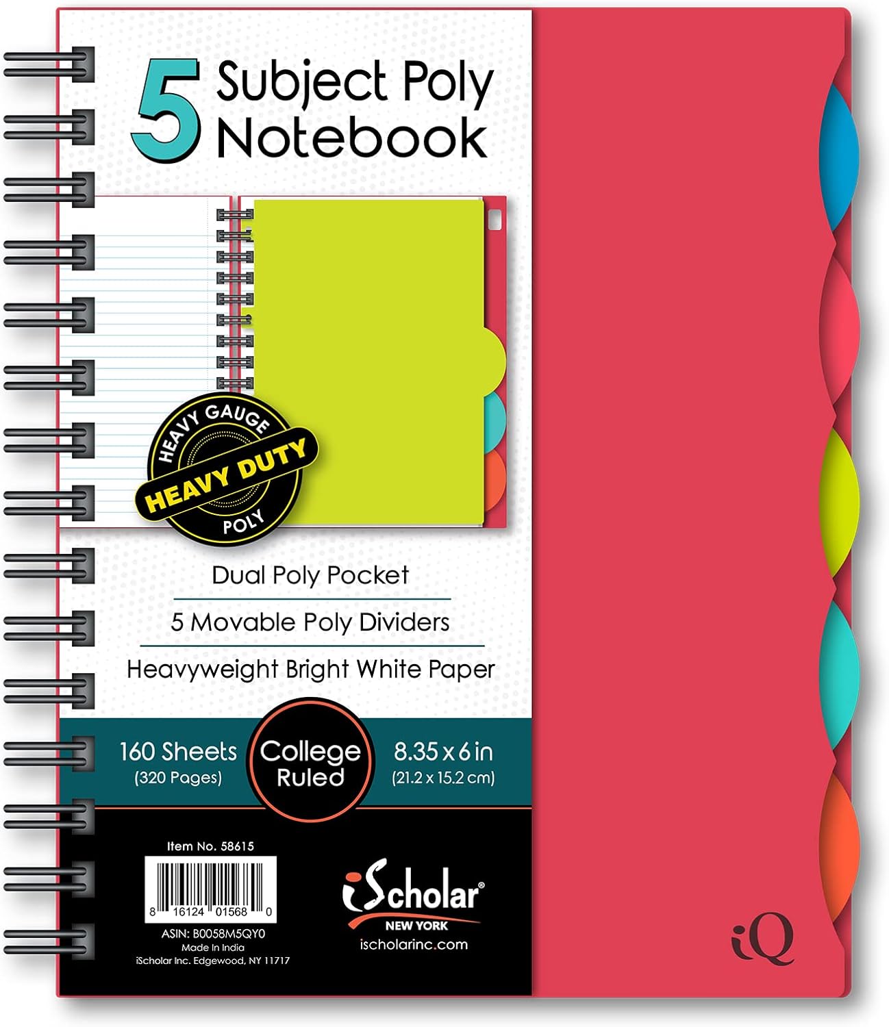 iScholar 5 Subject Poly Cover Double Wire Notebook, 8.35 x 6 Inches, Cover Color May Vary (58615)160 Sheets , Assorted