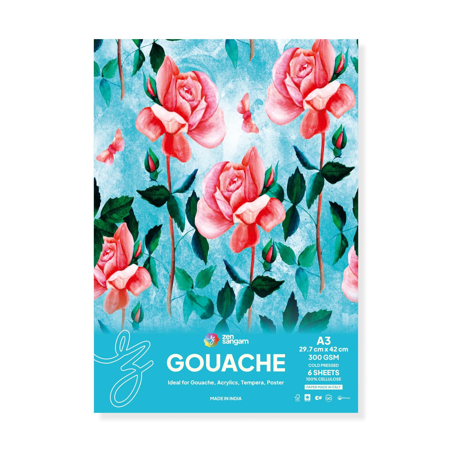 Zen Sangam A3 Gouache Paper Sheets | 300 GSM Cold Pressed 100% Cellulose | 6 Sheets Size(42 x 29.7cm) | Rough Grain | fo
