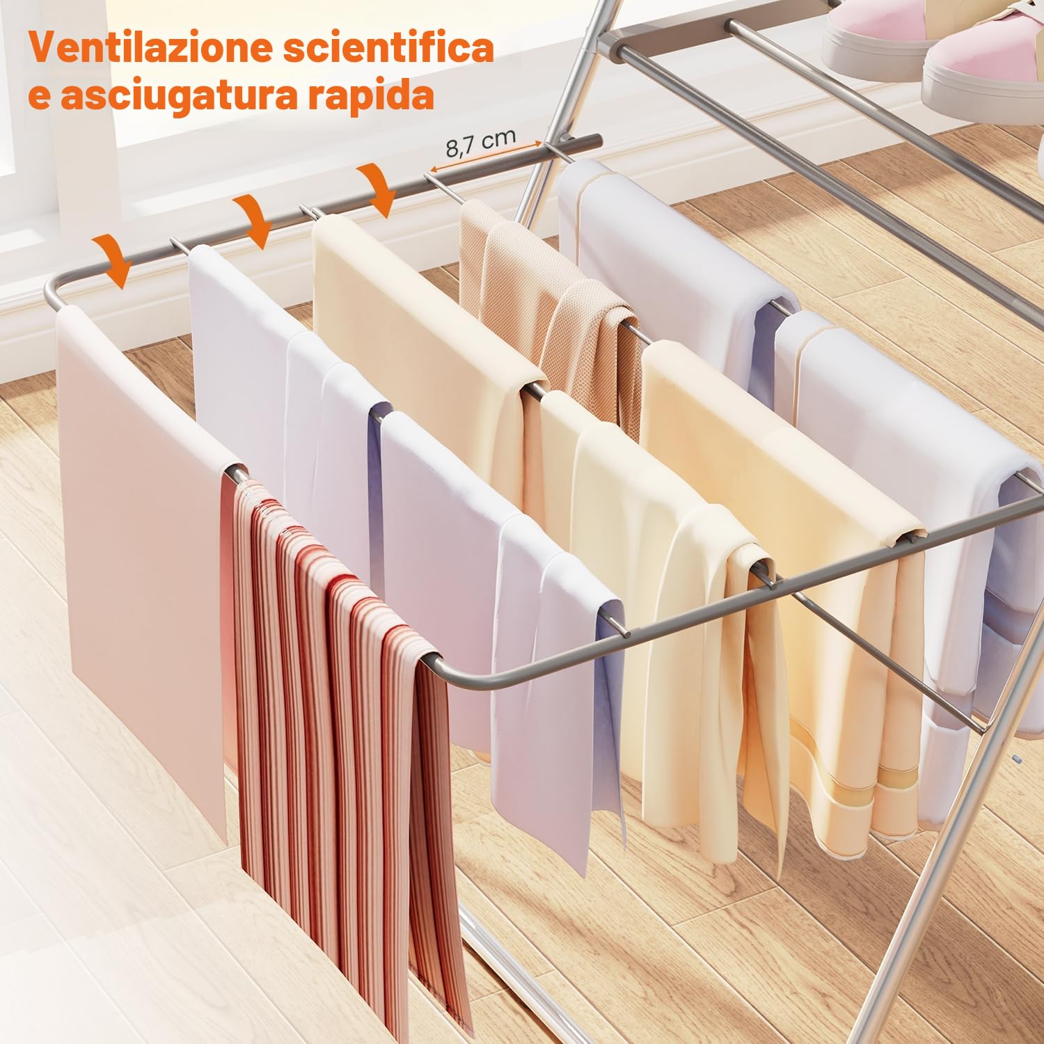 Innotic Stendibiancheria Pieghevole 33 Aste, Regolabile Salvaspazio | Stendino Verticale 2 Livelli, Stendipanni Richiudibile Resistente con Accessori, per Esterno Balcone Interno, Grigio