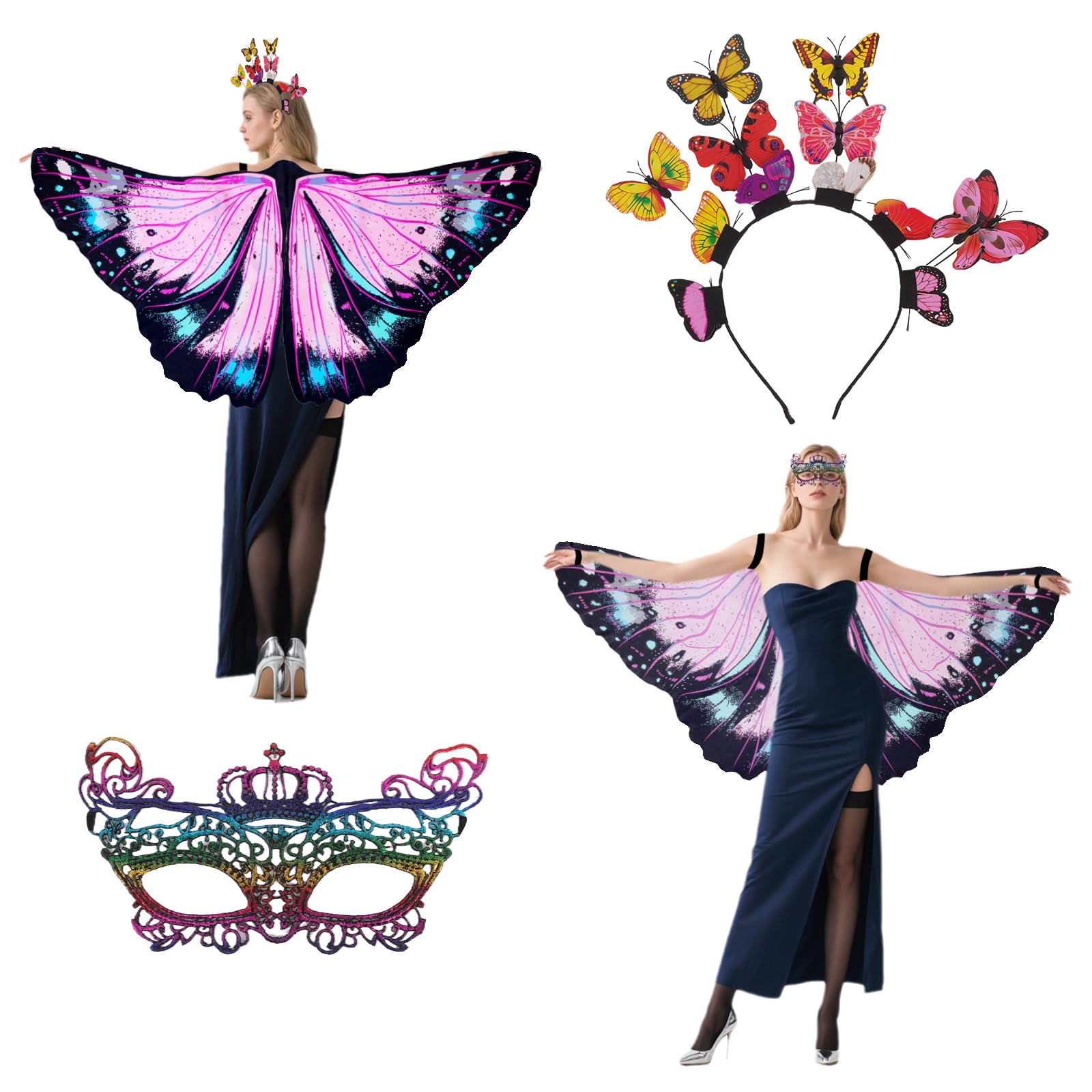 Sueving Butterfly Wings Cape for Adult, Butterfly Wings Shawl with Mask and Dimensional Butterfly Headband, Double Sided Fairy Wings for Halloween, Party, Cosplay, Dancing